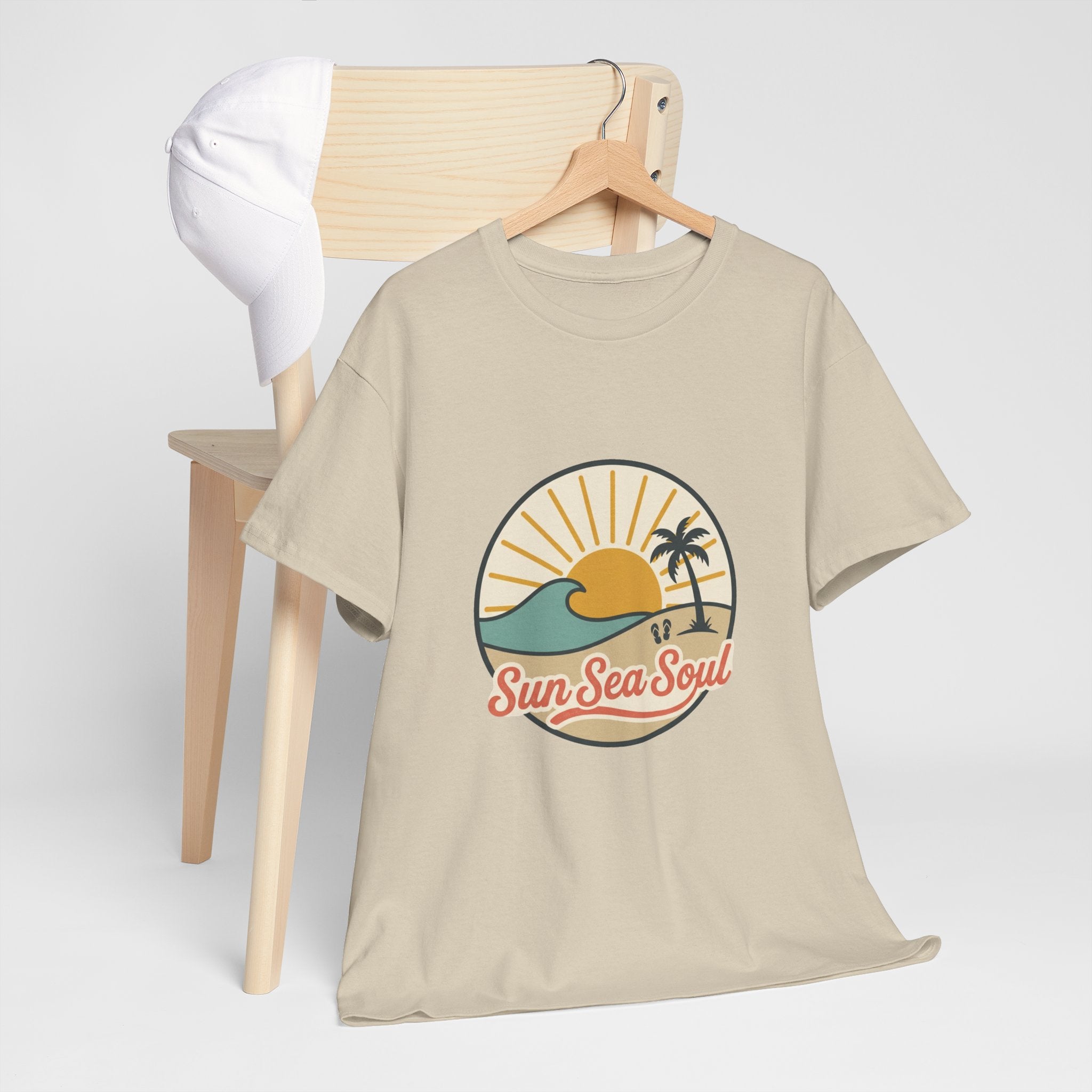 Sun Sea Soul Beach T-Shirt — Retro Sunset Palm Tee