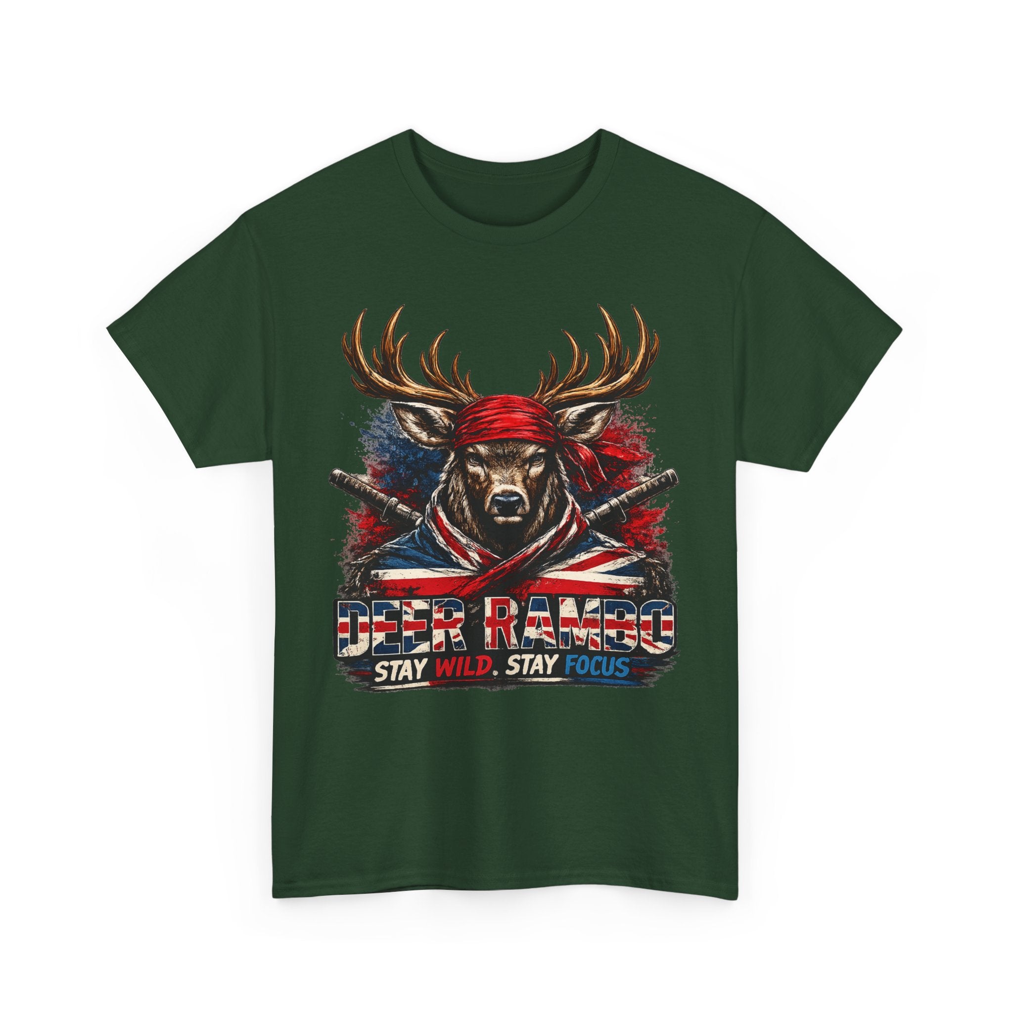 Deer Rambo Patriotic T‑Shirt — "Stay Wild, Stay Focus" Hunting Tee