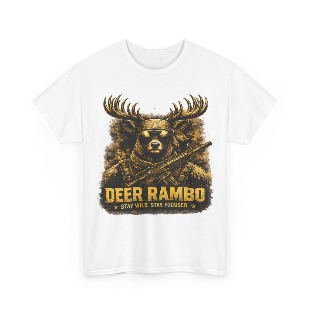 Deer Rambo Tee — 'Stay Wild, Stay Focused' Hunting Graphic T-Shirt