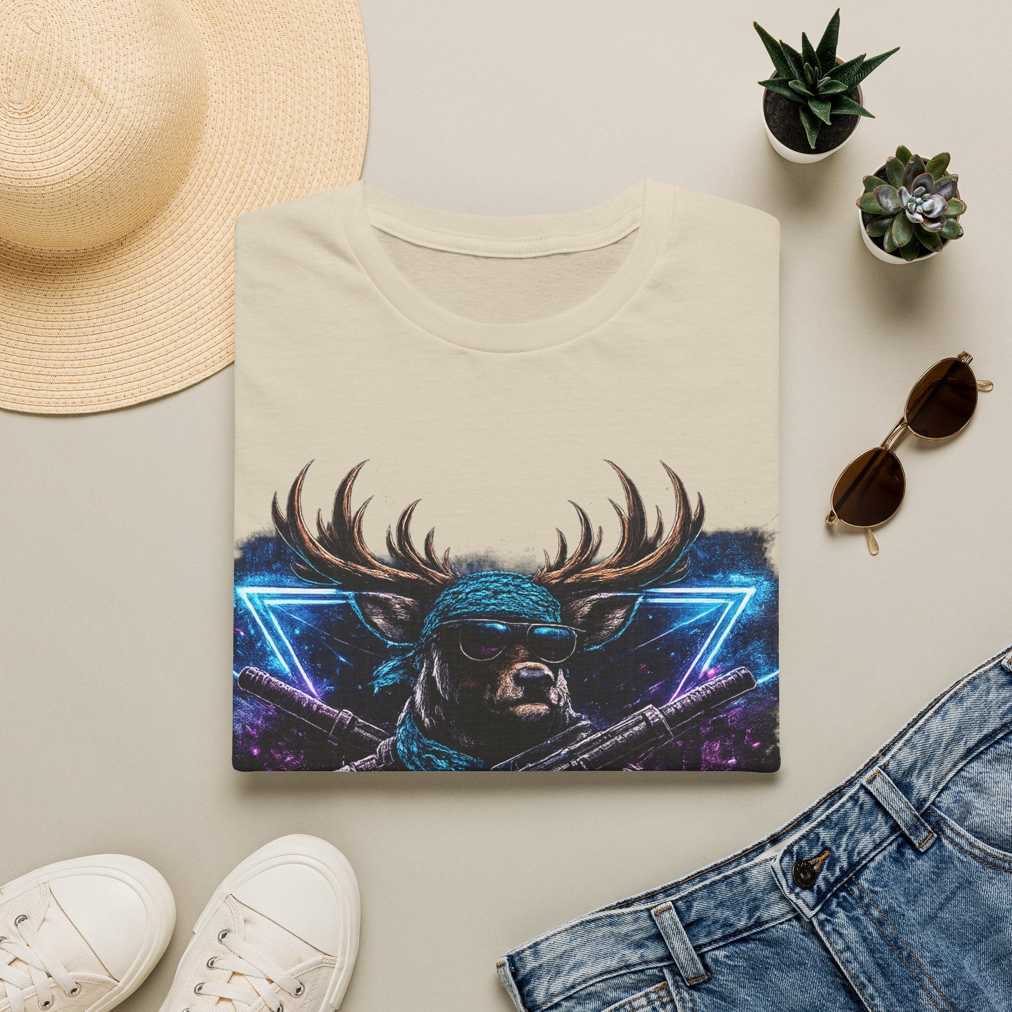 Deer Rambo Graphic T-Shirt — Neon Retro Buck Hunting Tee
