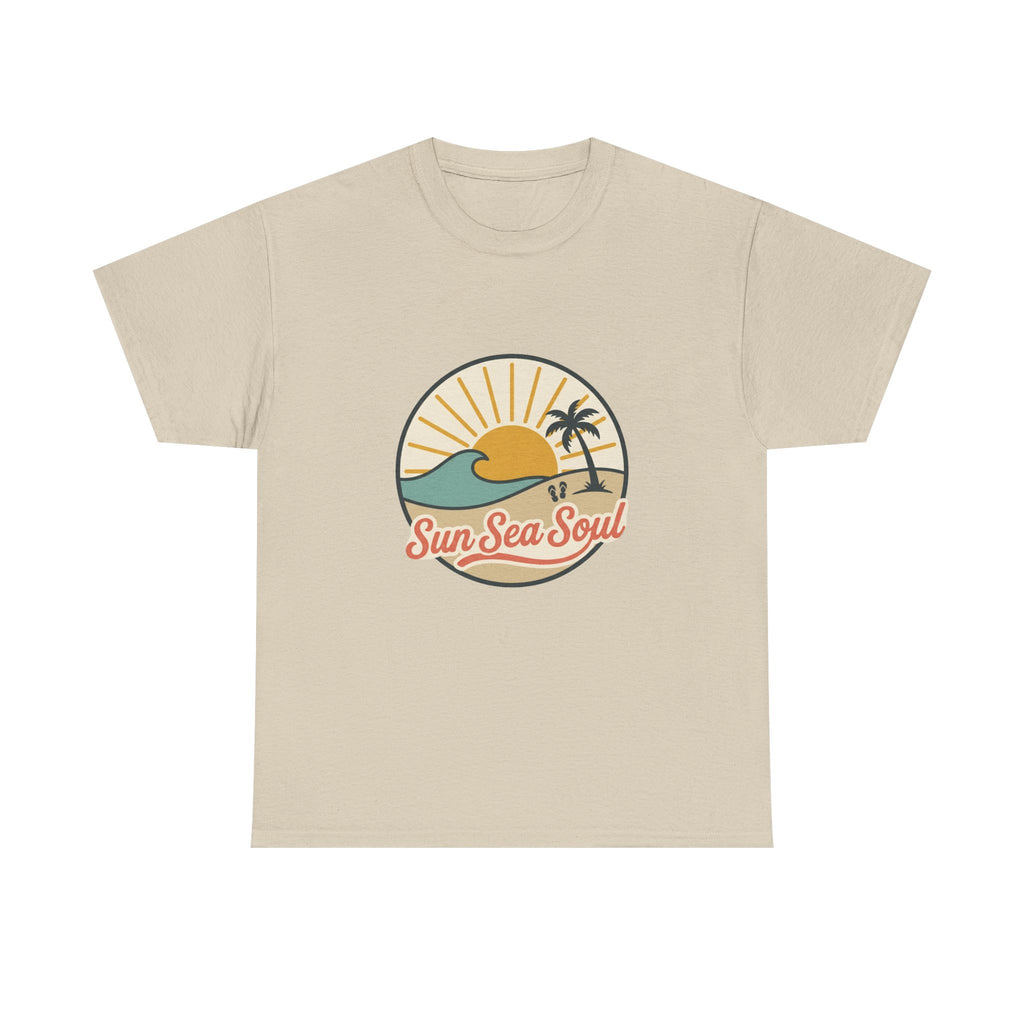 Sun Sea Soul Beach T-Shirt — Retro Sunset Palm Tee