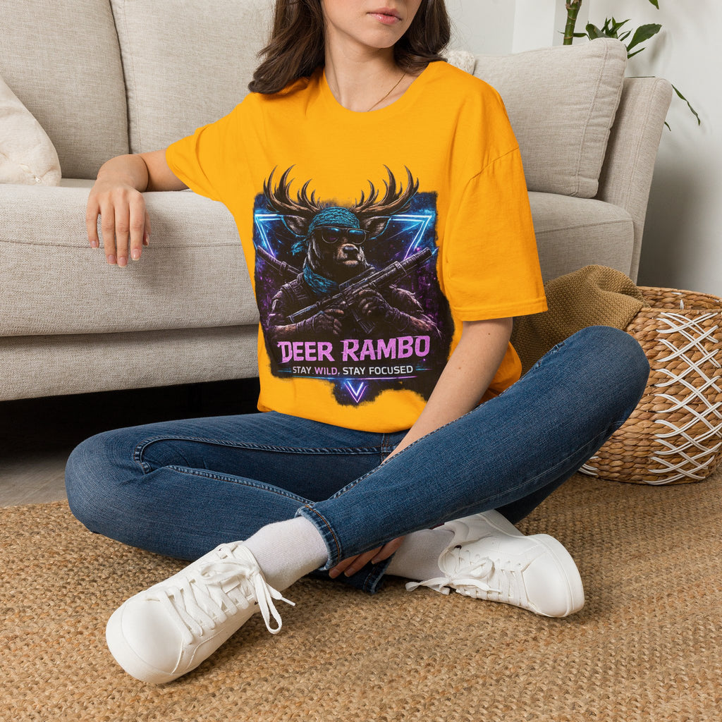 Deer Rambo Graphic T-Shirt — Neon Retro Buck Hunting Tee