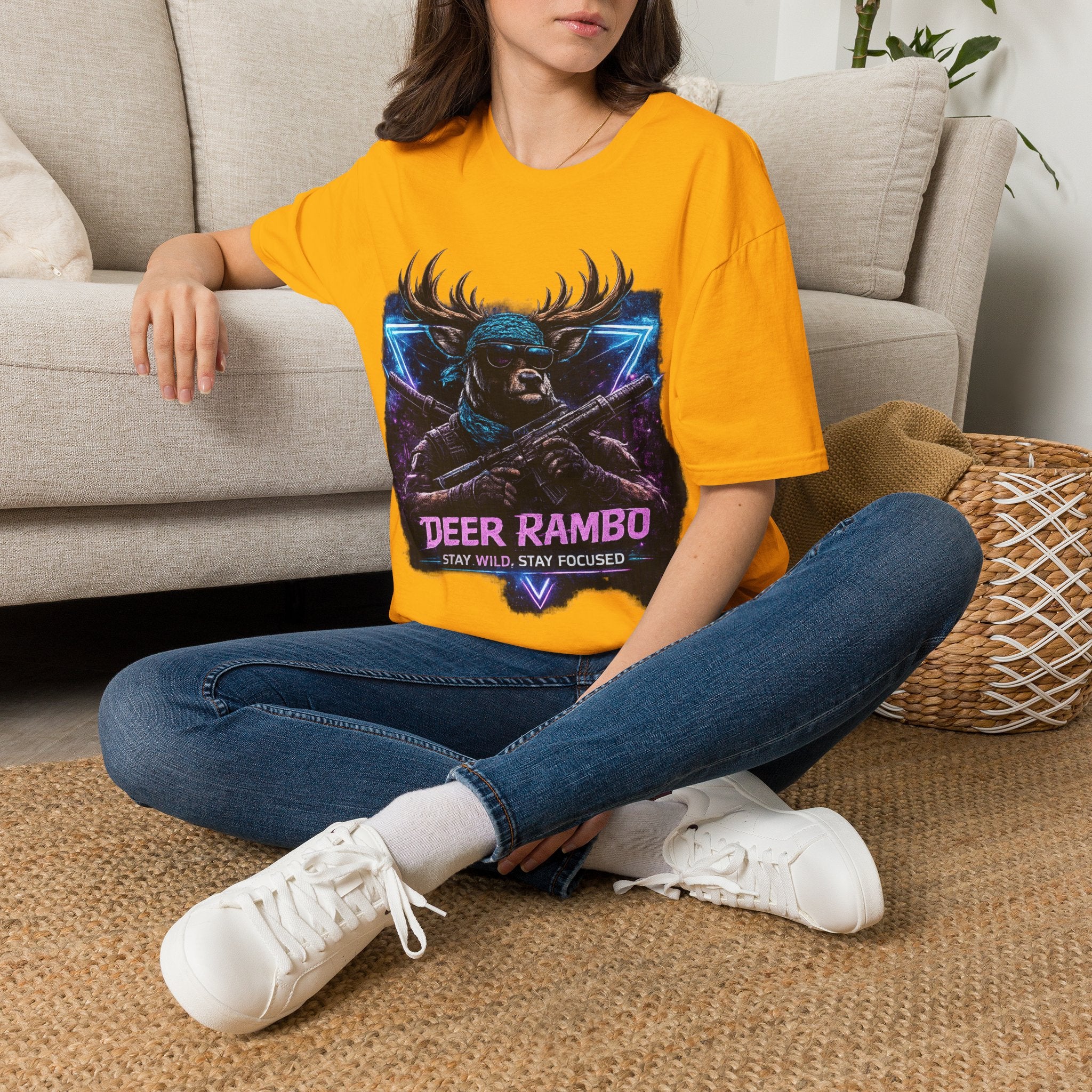 Deer Rambo Graphic T-Shirt — Neon Retro Buck Hunting Tee