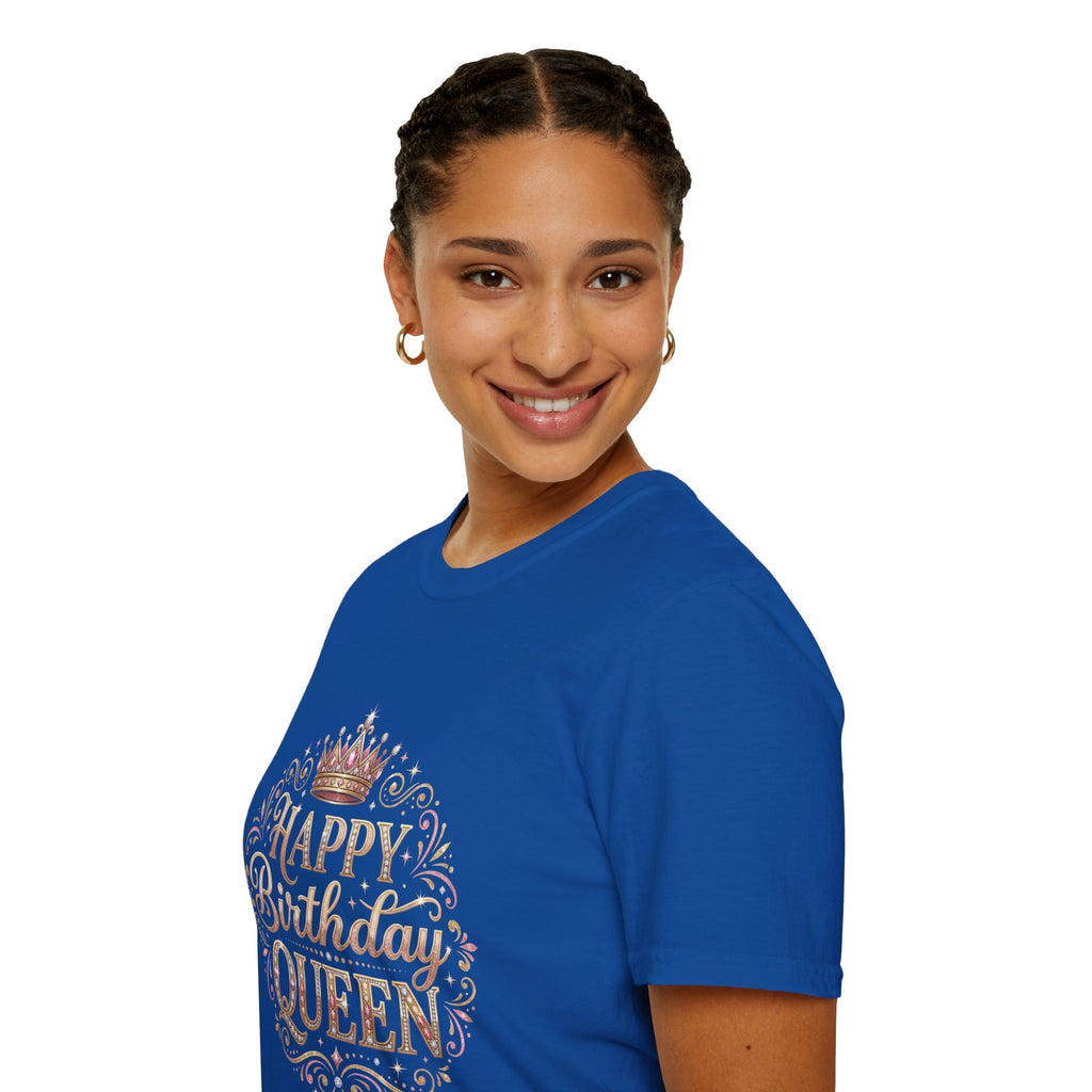 Happy Birthday Queen T-Shirt — Decorative Crown Birthday Tee for Women