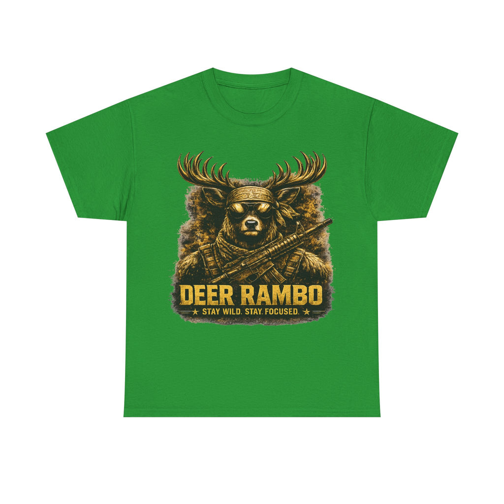 Deer Rambo Tee — 'Stay Wild, Stay Focused' Hunting Graphic T-Shirt