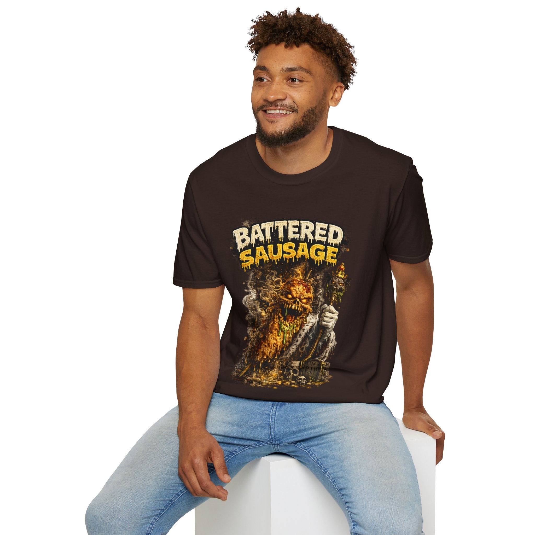 Battered Sausage Graphic T‑Shirt — Flaming Horror Band Tee