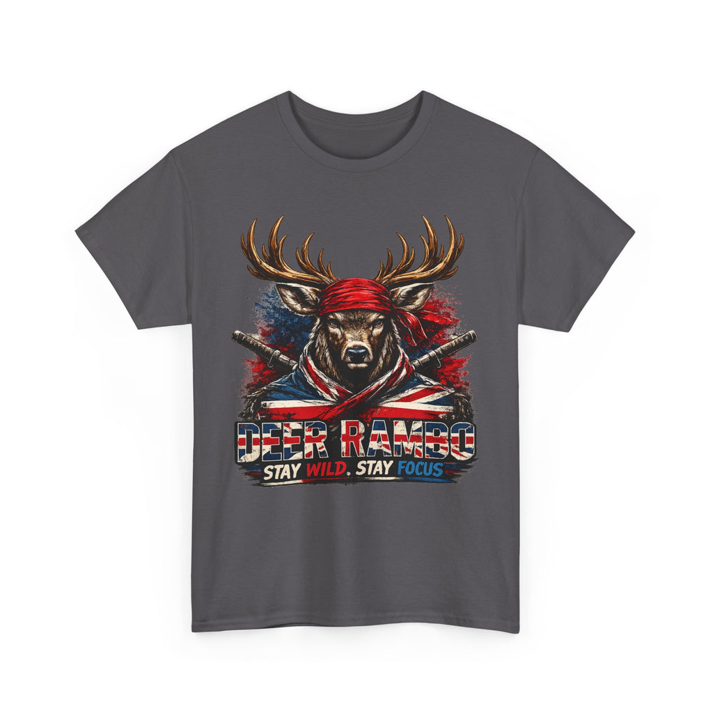 Deer Rambo Patriotic T‑Shirt — "Stay Wild, Stay Focus" Hunting Tee