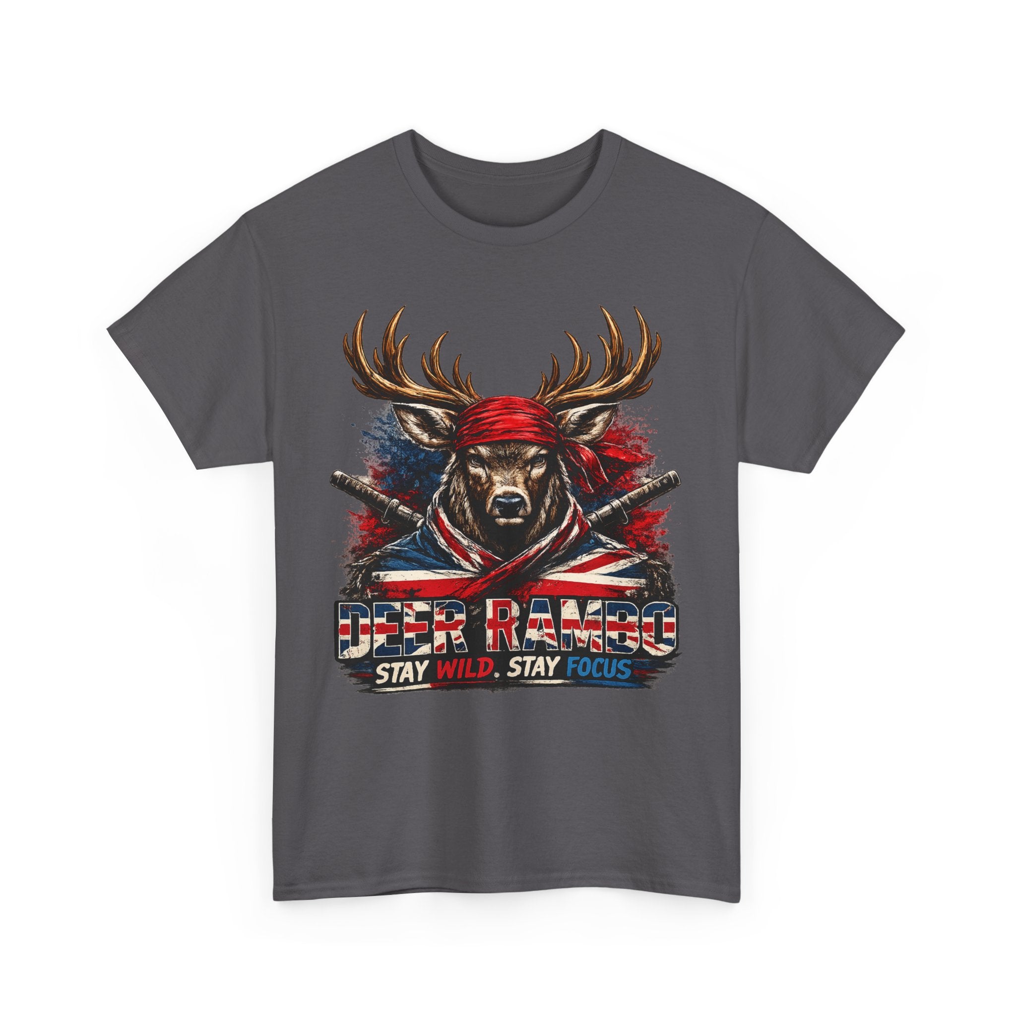 Deer Rambo Patriotic T‑Shirt — "Stay Wild, Stay Focus" Hunting Tee