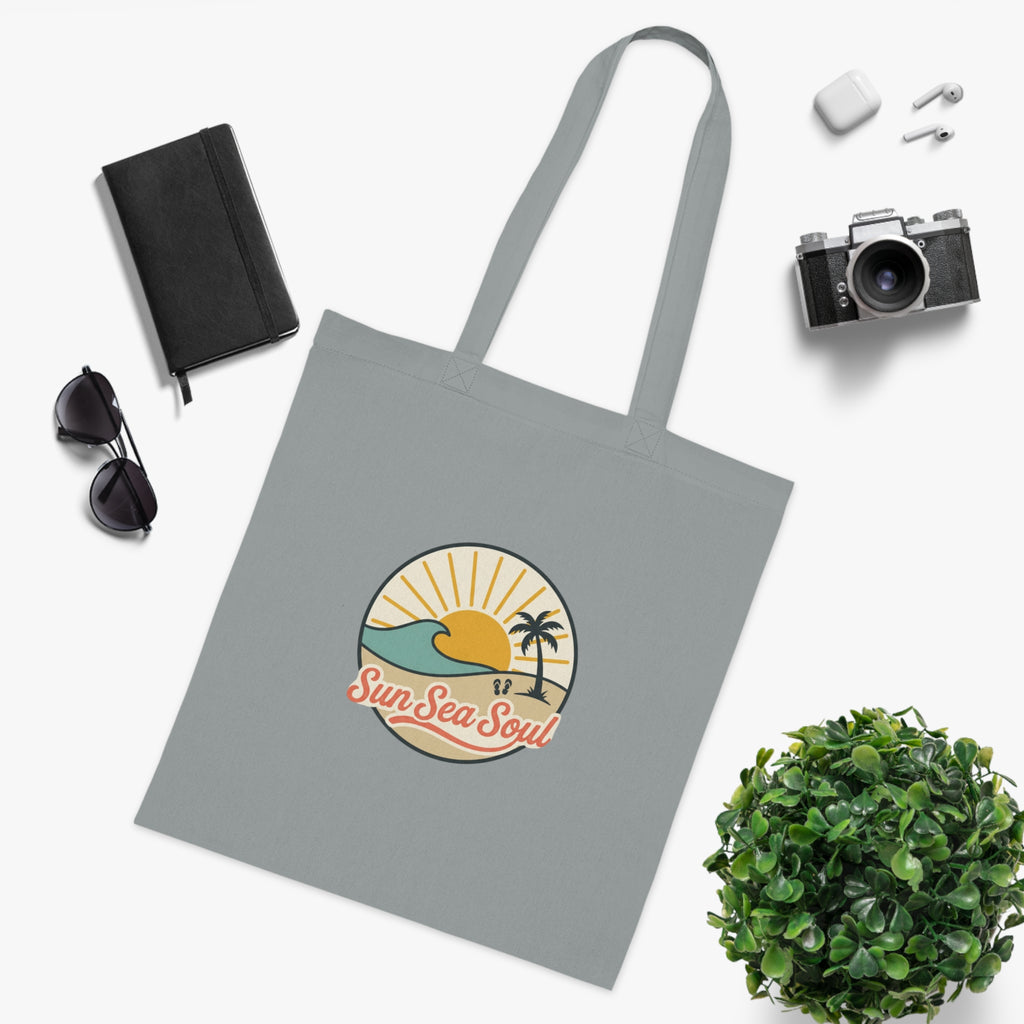 Sun Sea Soul Cotton Tote — Retro Beach Sunrise Tote Bag