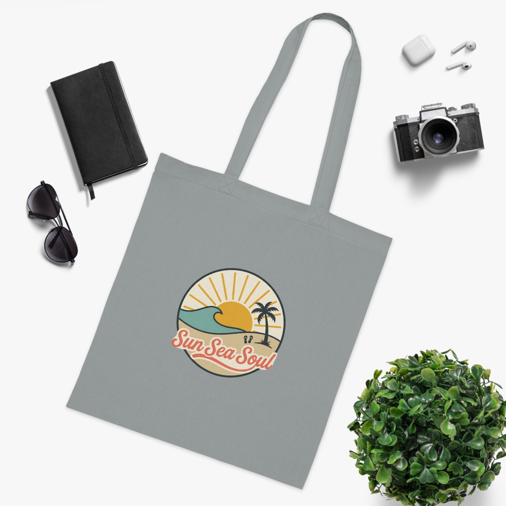 Sun Sea Soul Cotton Tote — Retro Beach Sunrise Tote Bag