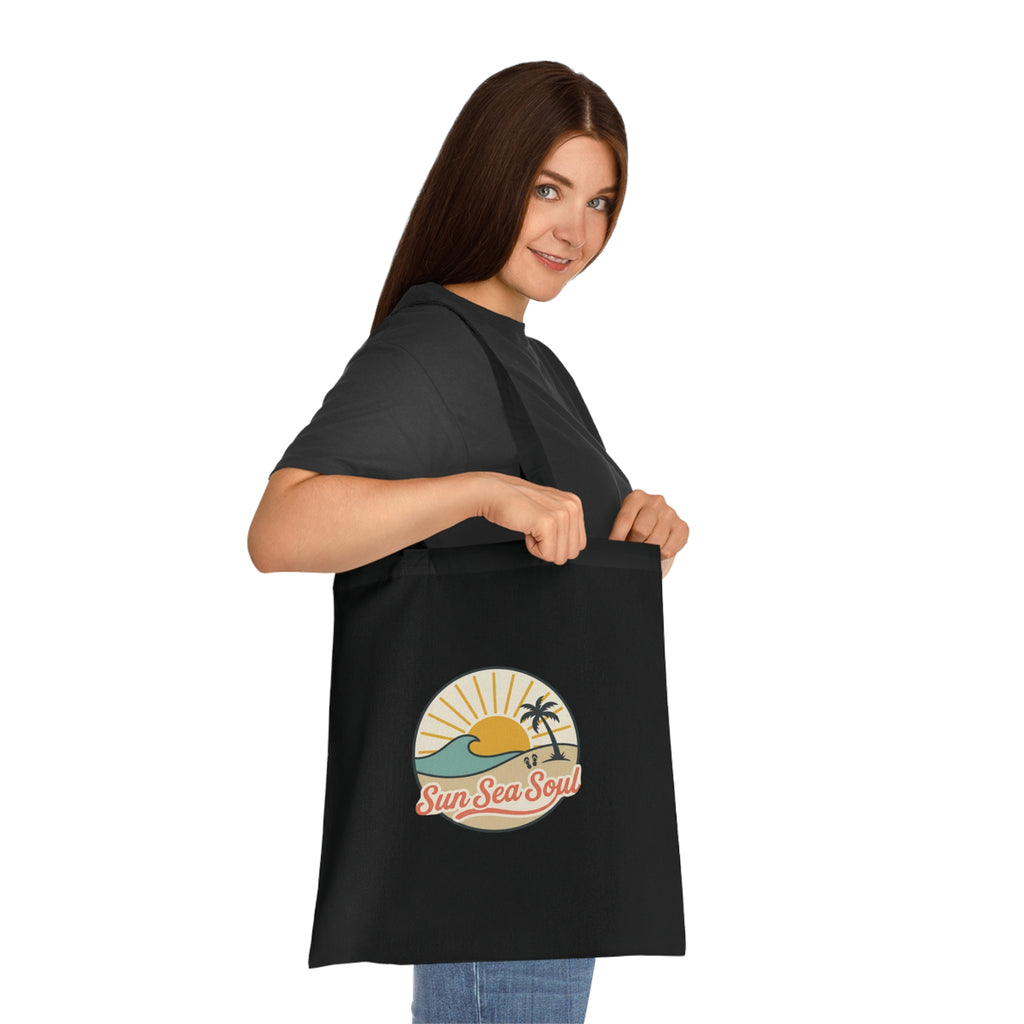 Sun Sea Soul Cotton Tote — Retro Beach Sunrise Tote Bag