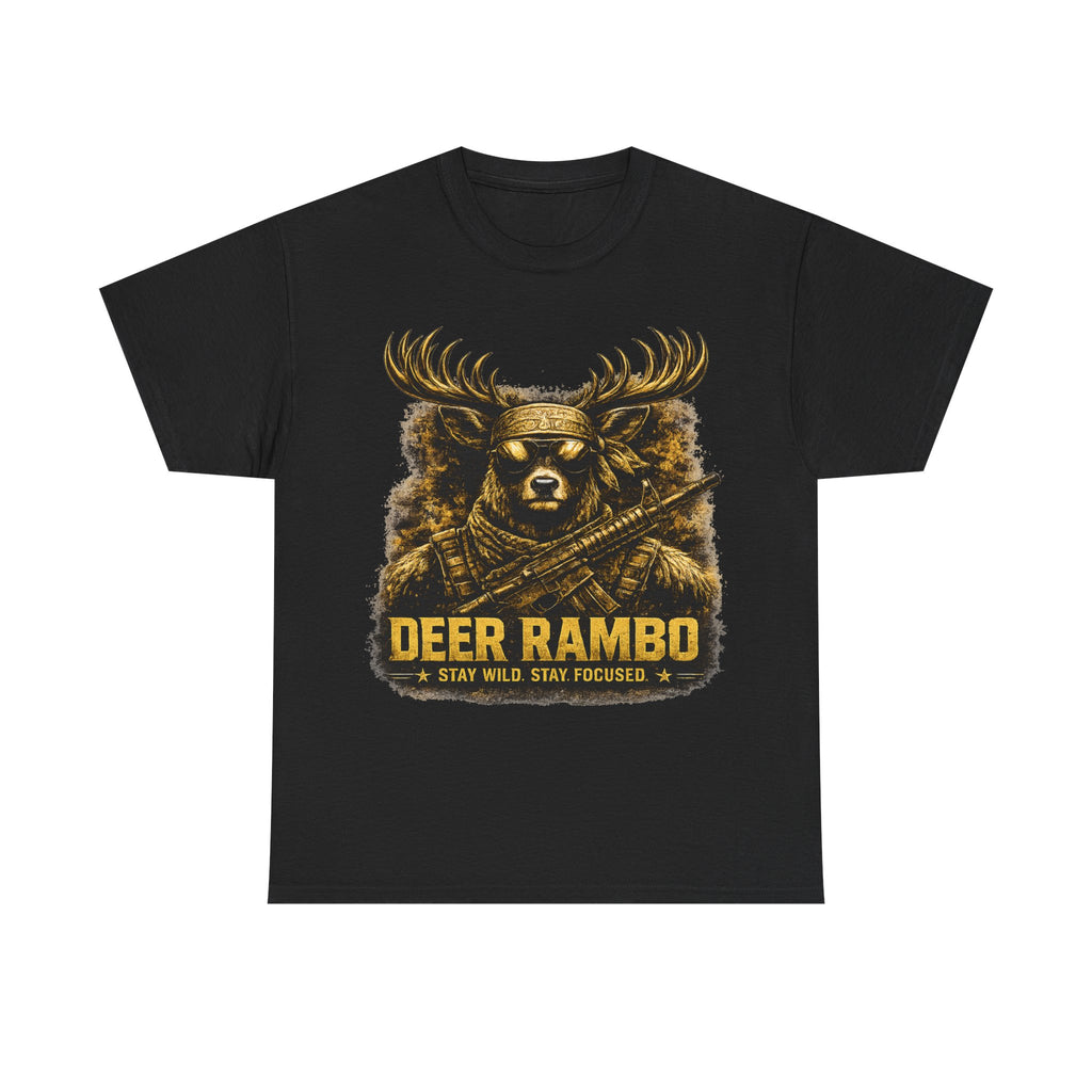 Deer Rambo Tee — 'Stay Wild, Stay Focused' Hunting Graphic T-Shirt