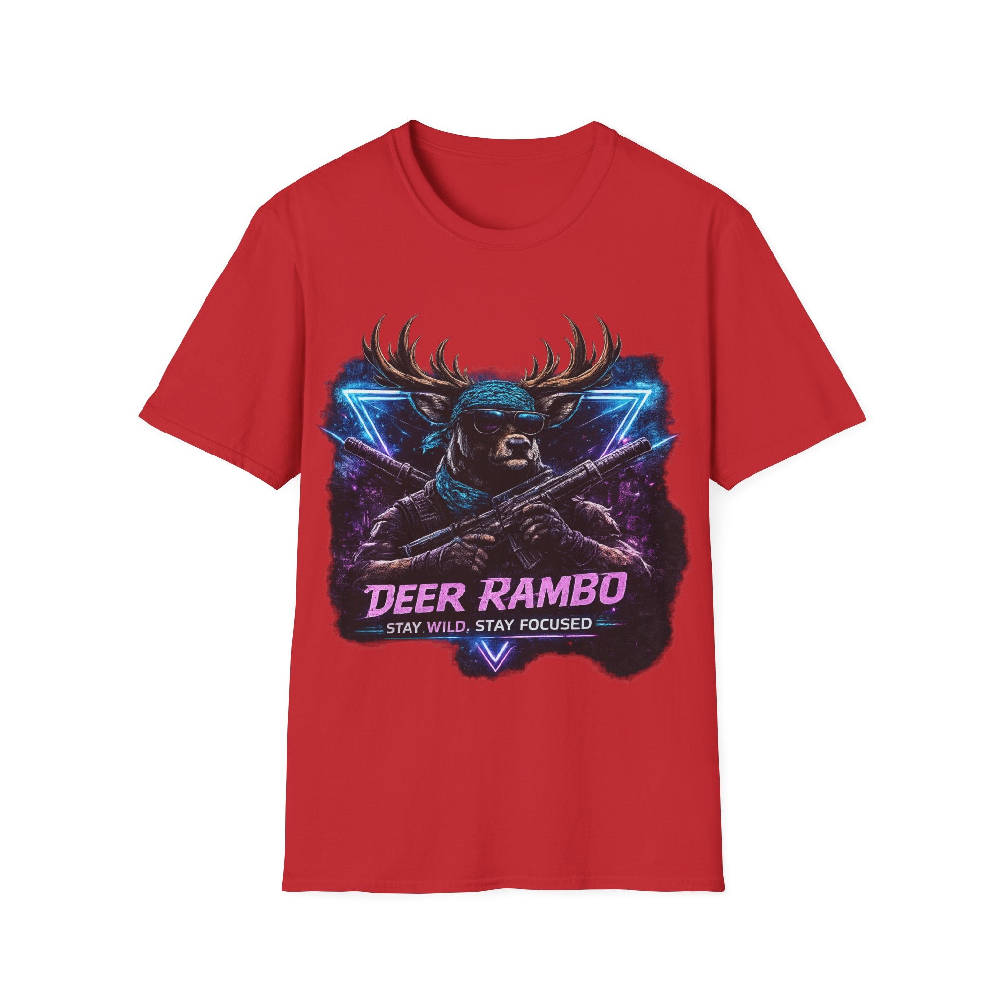 Deer Rambo Graphic T-Shirt — Neon Retro Buck Hunting Tee