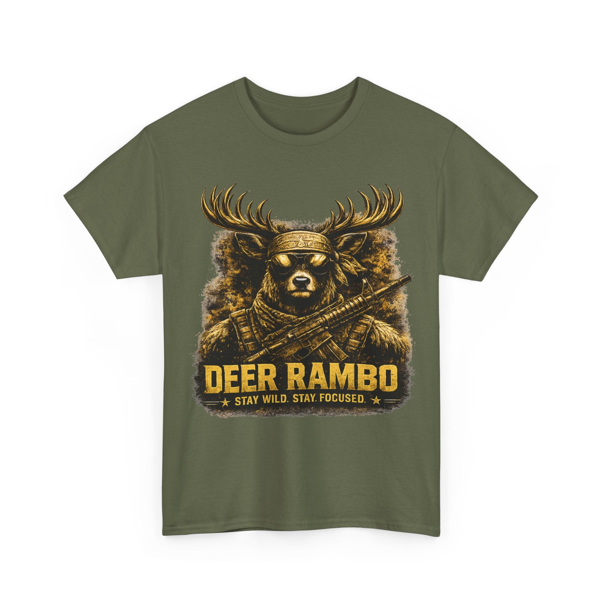 Deer Rambo Tee — 'Stay Wild, Stay Focused' Hunting Graphic T-Shirt