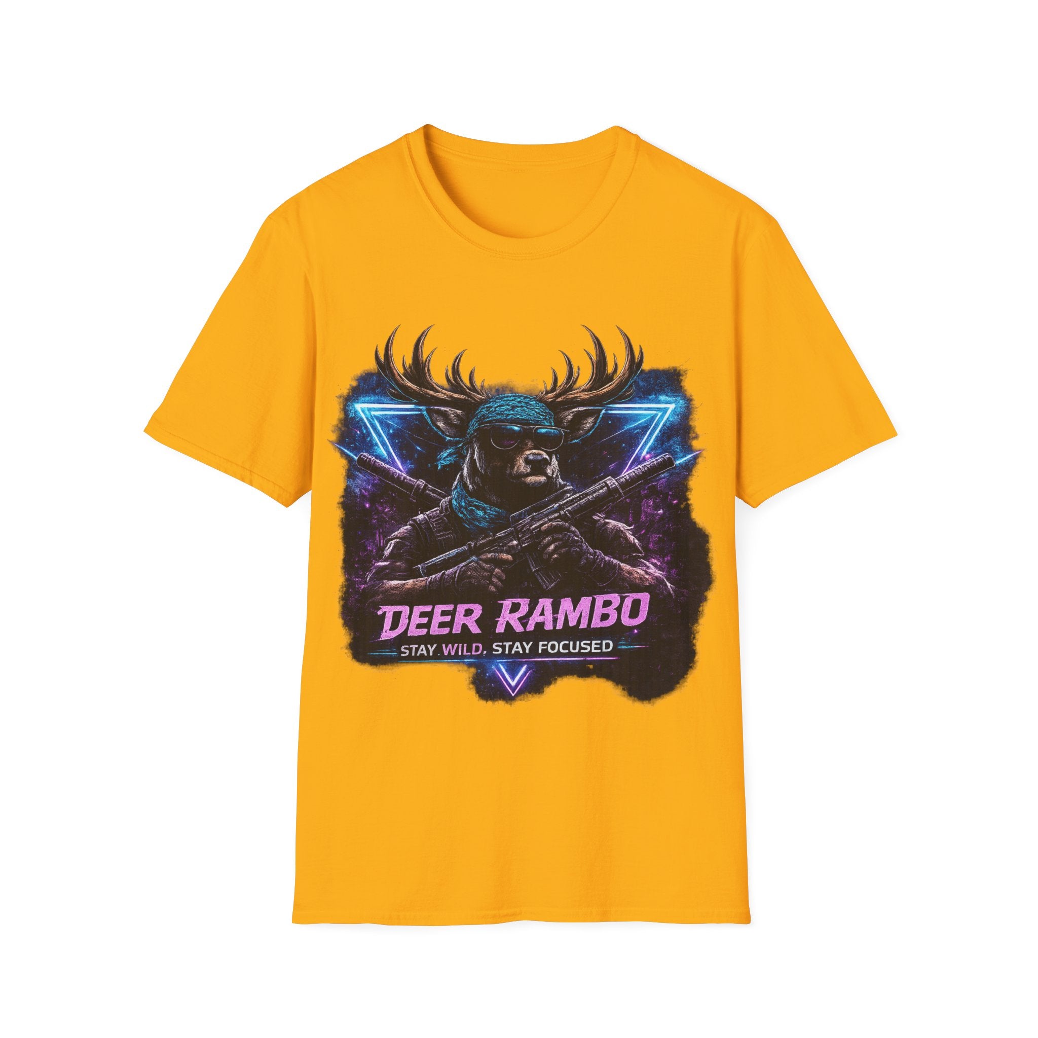 Deer Rambo Graphic T-Shirt — Neon Retro Buck Hunting Tee