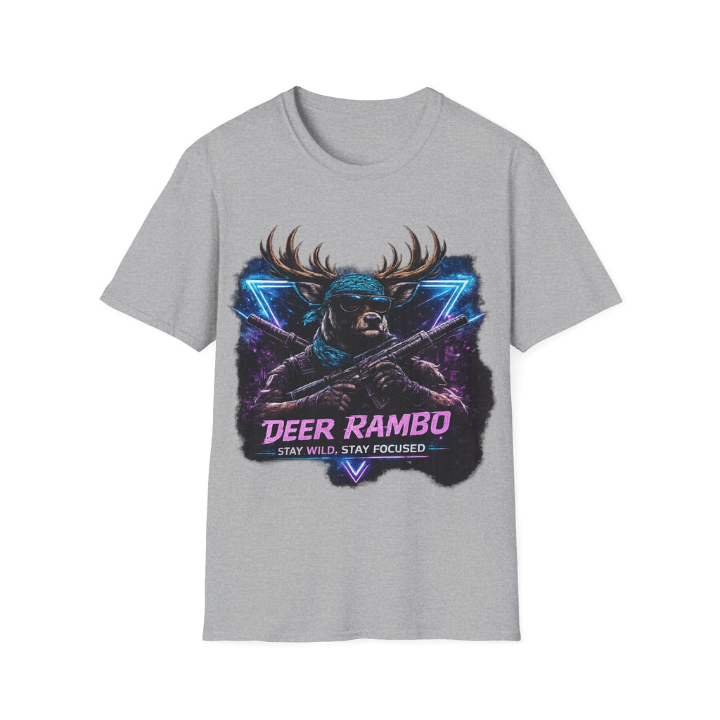 Deer Rambo Graphic T-Shirt — Neon Retro Buck Hunting Tee