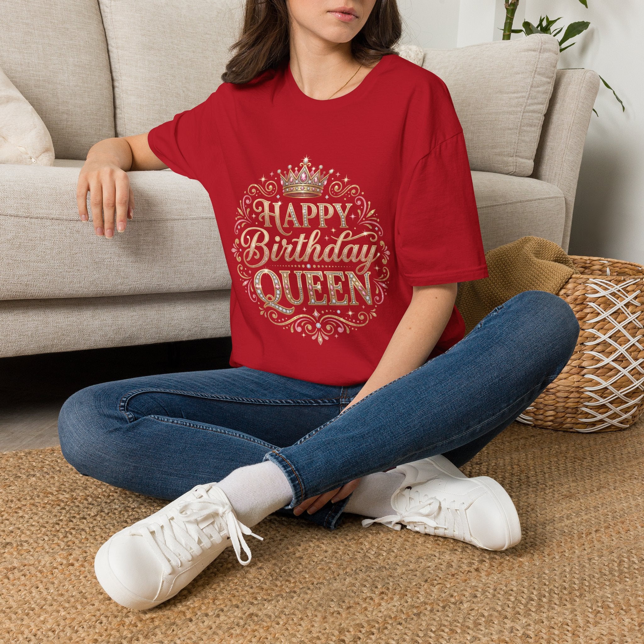 Happy Birthday Queen T-Shirt — Decorative Crown Birthday Tee for Women