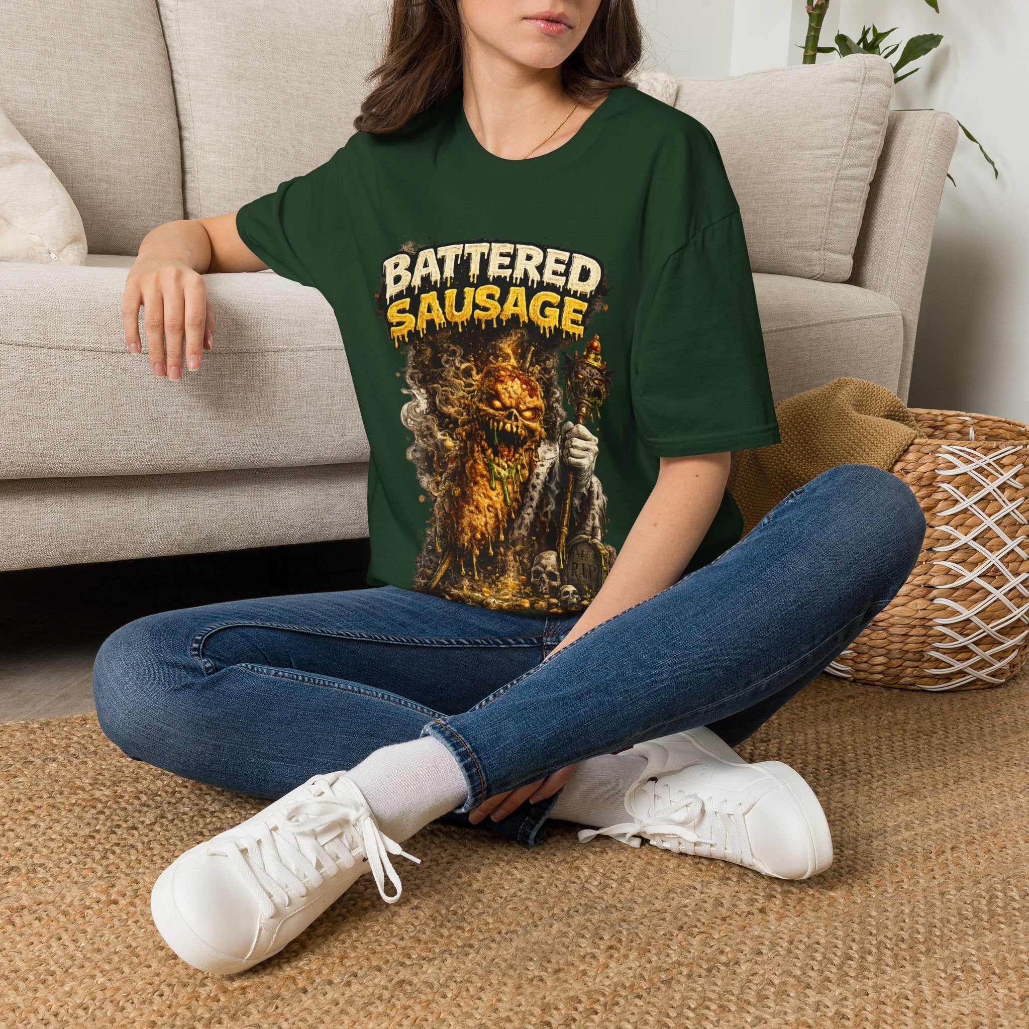 Battered Sausage Graphic T‑Shirt — Flaming Horror Band Tee