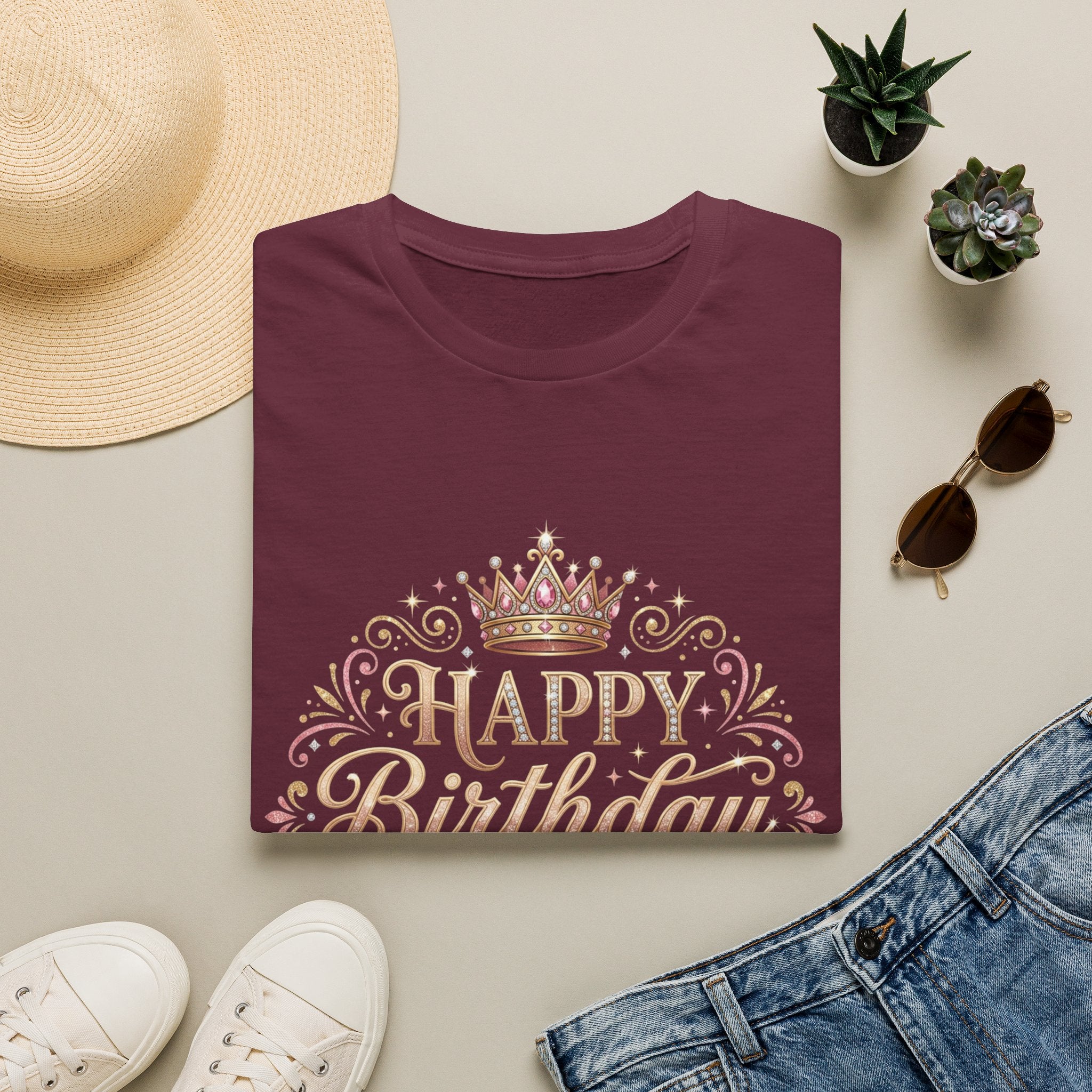 Happy Birthday Queen T-Shirt — Decorative Crown Birthday Tee for Women
