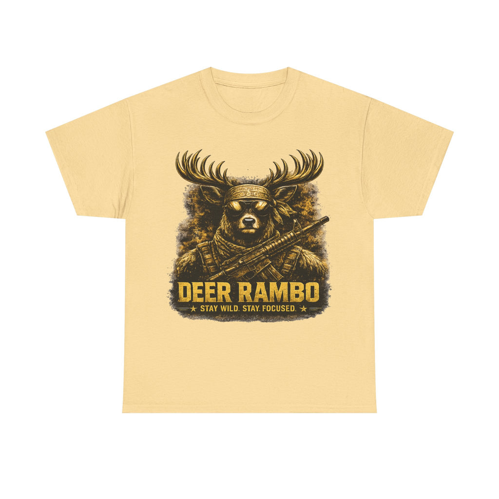 Deer Rambo Tee — 'Stay Wild, Stay Focused' Hunting Graphic T-Shirt