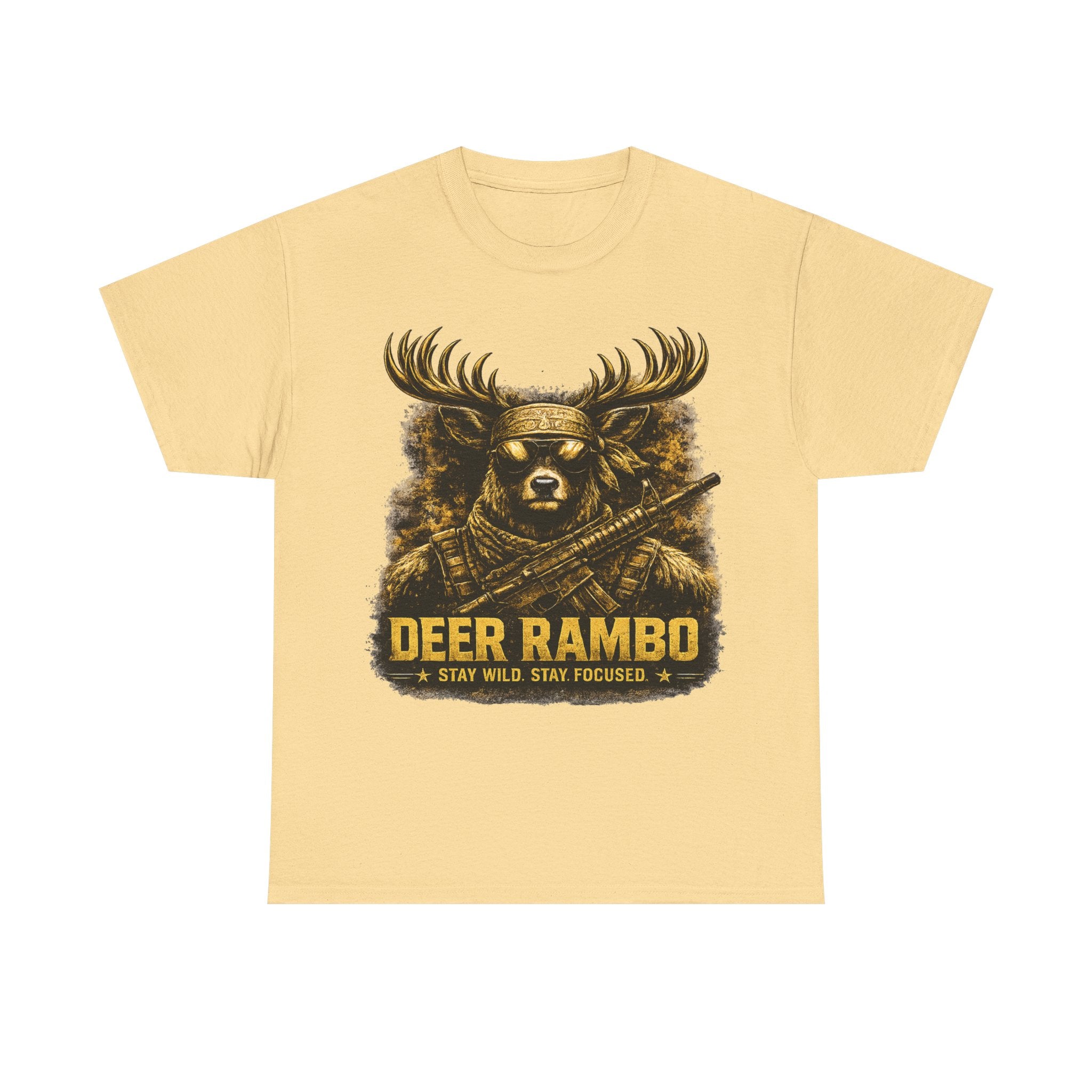 Deer Rambo Tee — 'Stay Wild, Stay Focused' Hunting Graphic T-Shirt