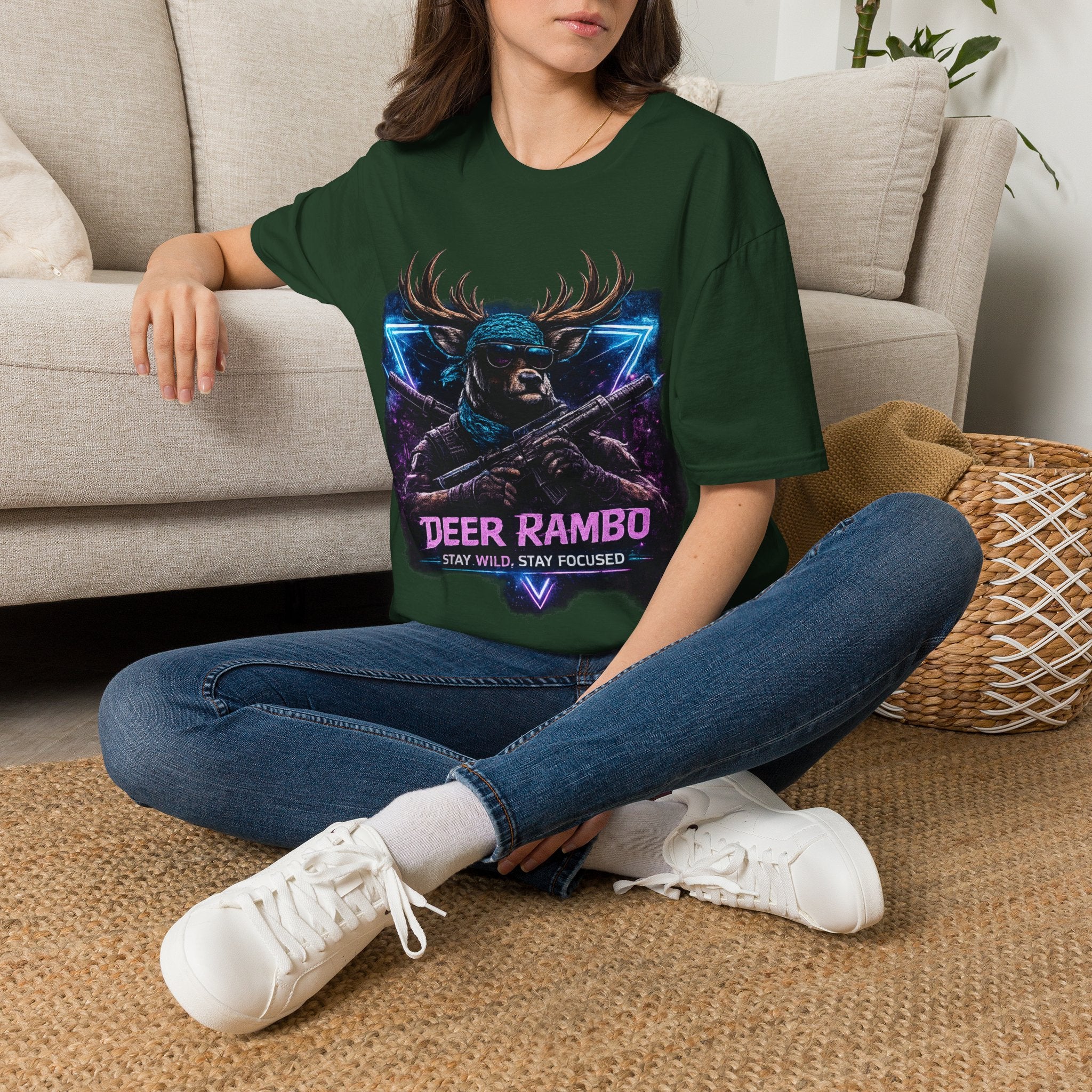 Deer Rambo Graphic T-Shirt — Neon Retro Buck Hunting Tee