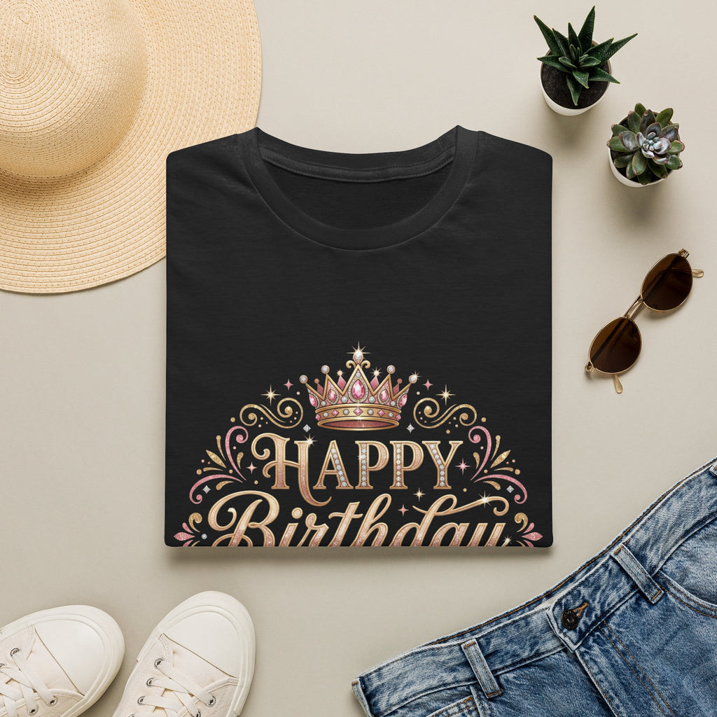 Happy Birthday Queen T-Shirt — Decorative Crown Birthday Tee for Women