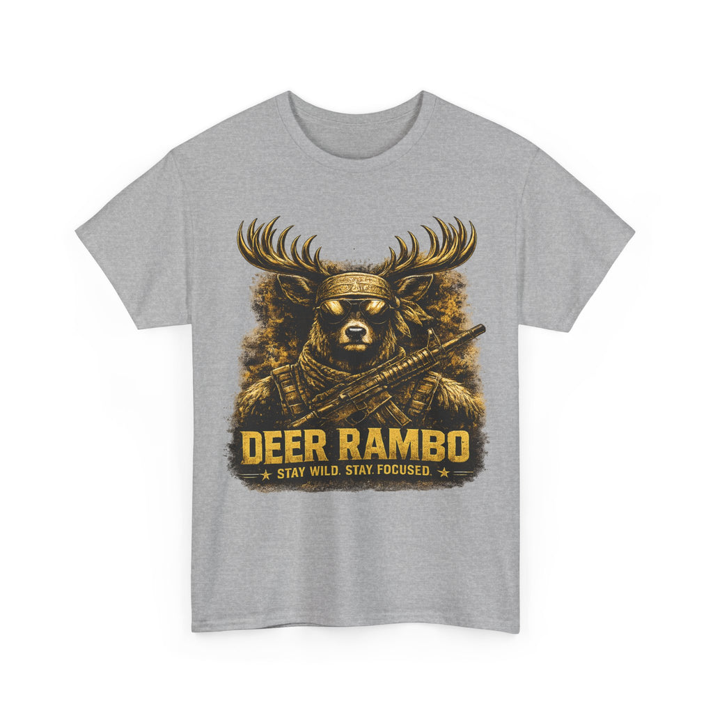 Deer Rambo Tee — 'Stay Wild, Stay Focused' Hunting Graphic T-Shirt