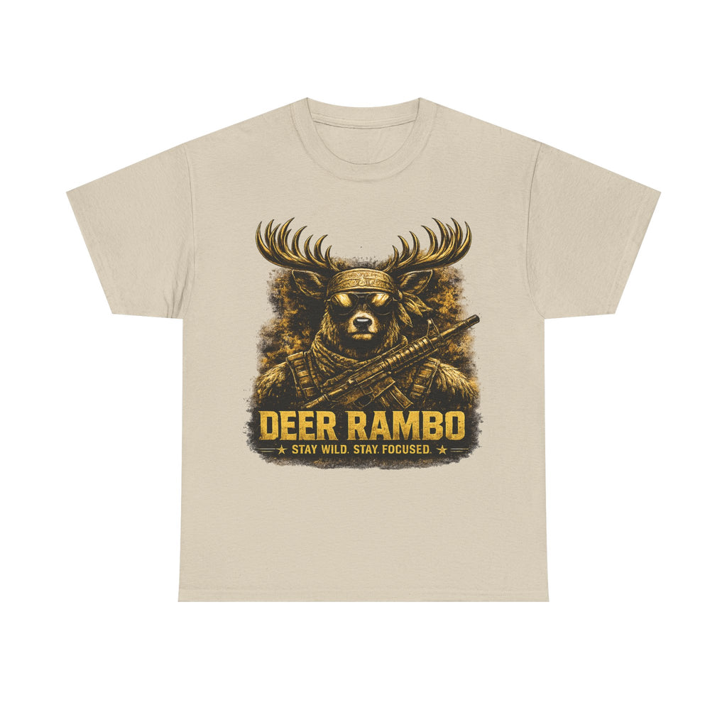 Deer Rambo Tee — 'Stay Wild, Stay Focused' Hunting Graphic T-Shirt