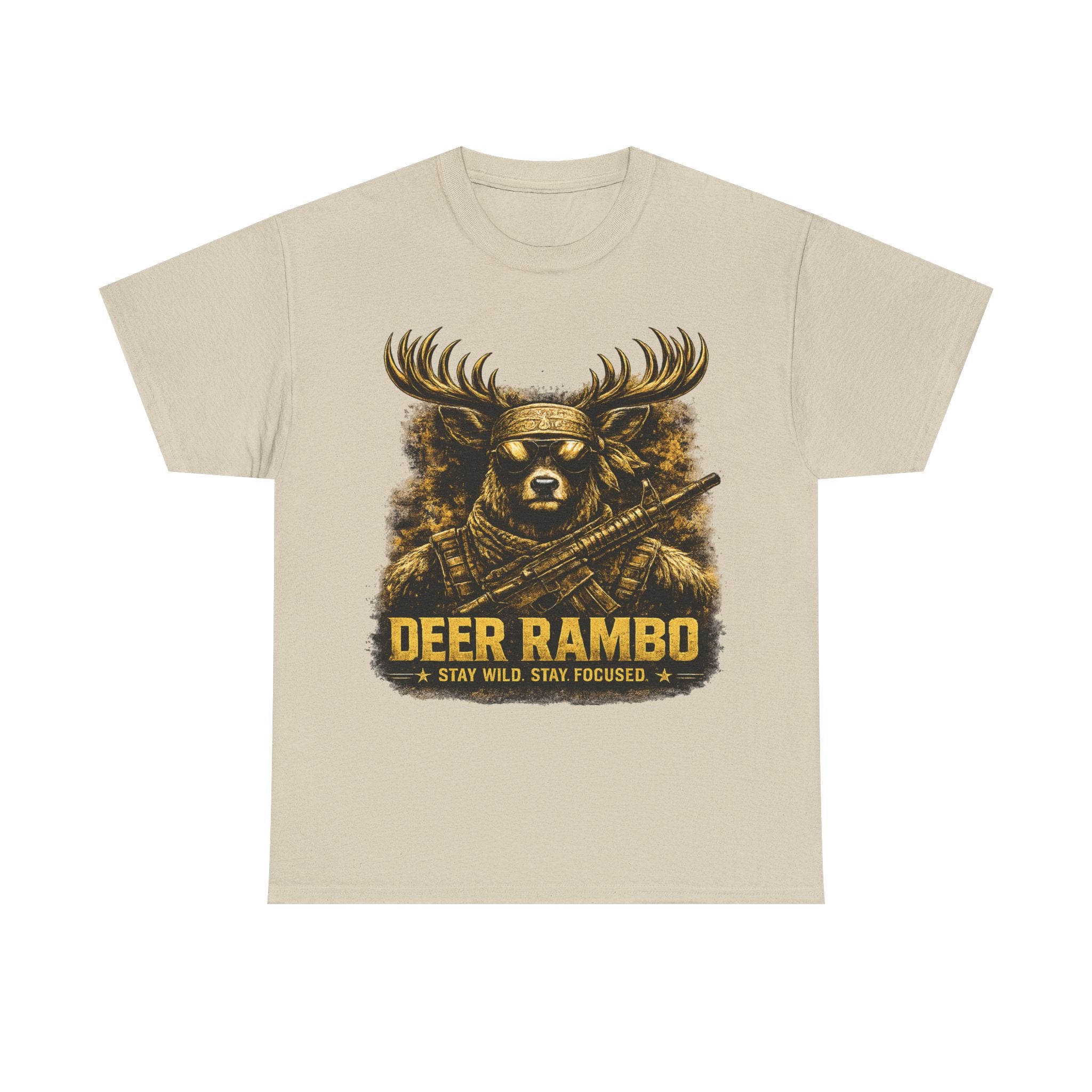 Deer Rambo Tee — 'Stay Wild, Stay Focused' Hunting Graphic T-Shirt
