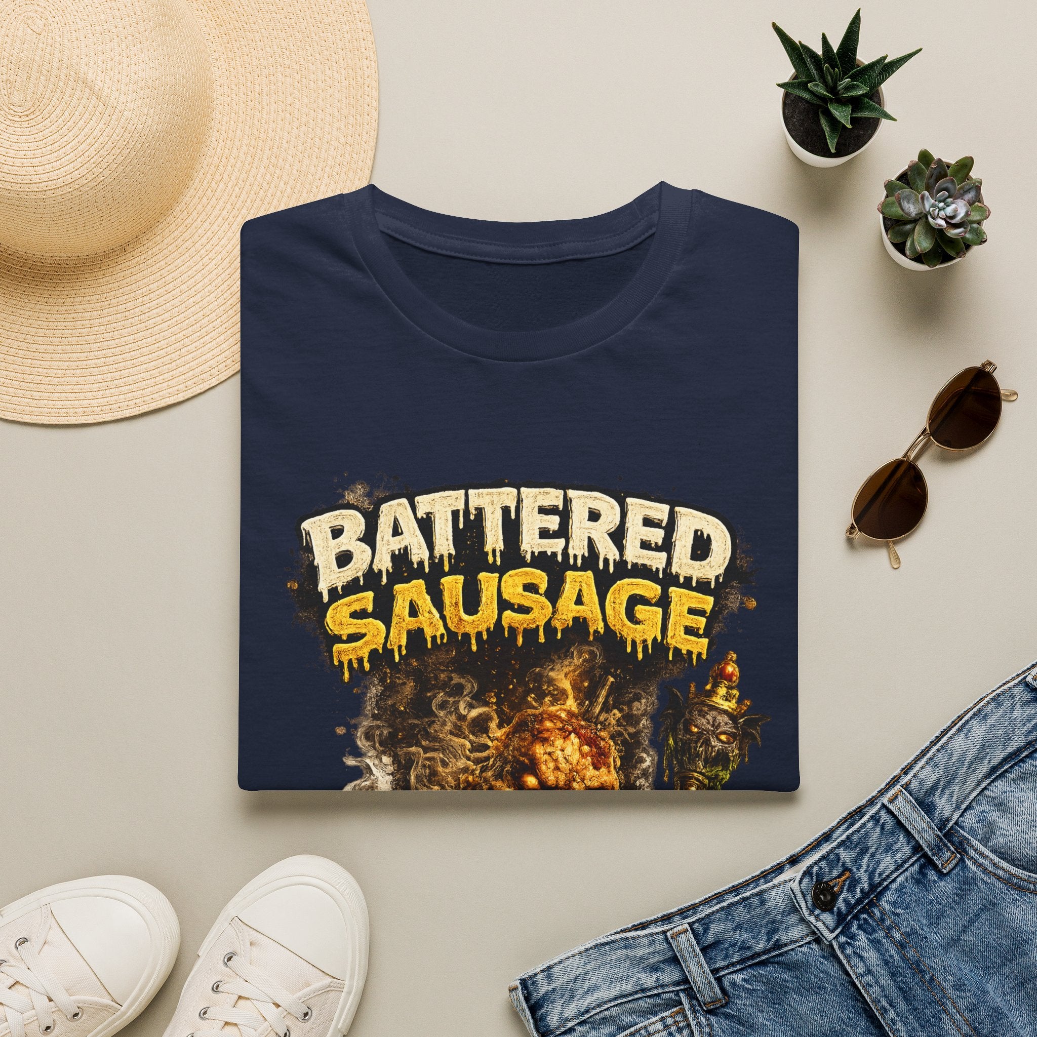 Battered Sausage Graphic T‑Shirt — Flaming Horror Band Tee