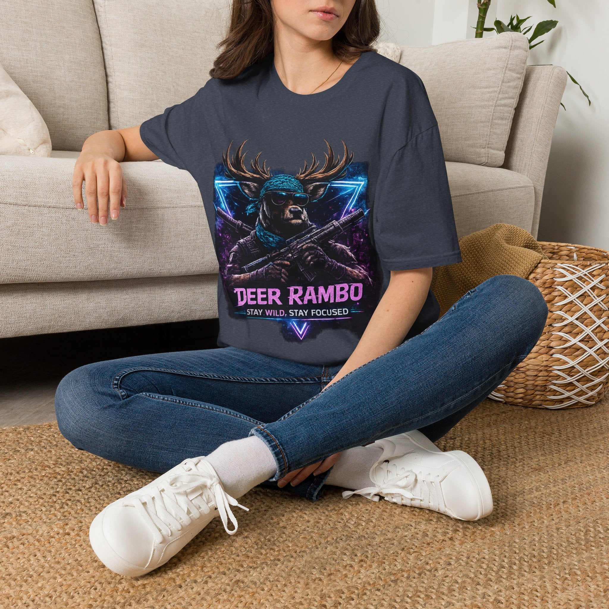 Deer Rambo Graphic T-Shirt — Neon Retro Buck Hunting Tee