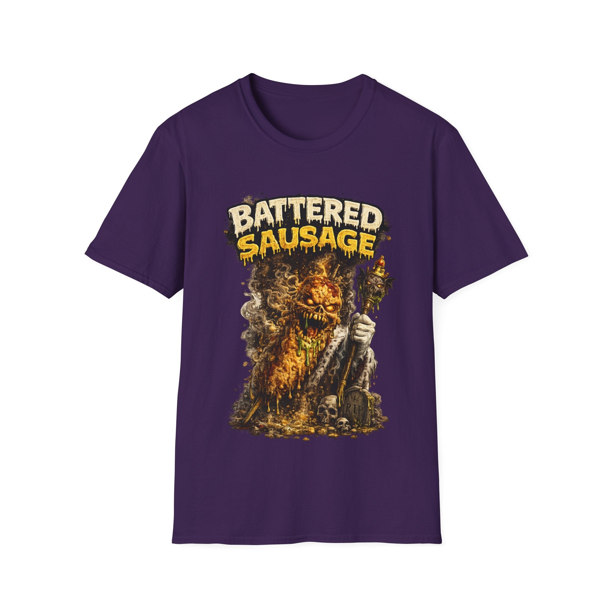 Battered Sausage Graphic T‑Shirt — Flaming Horror Band Tee