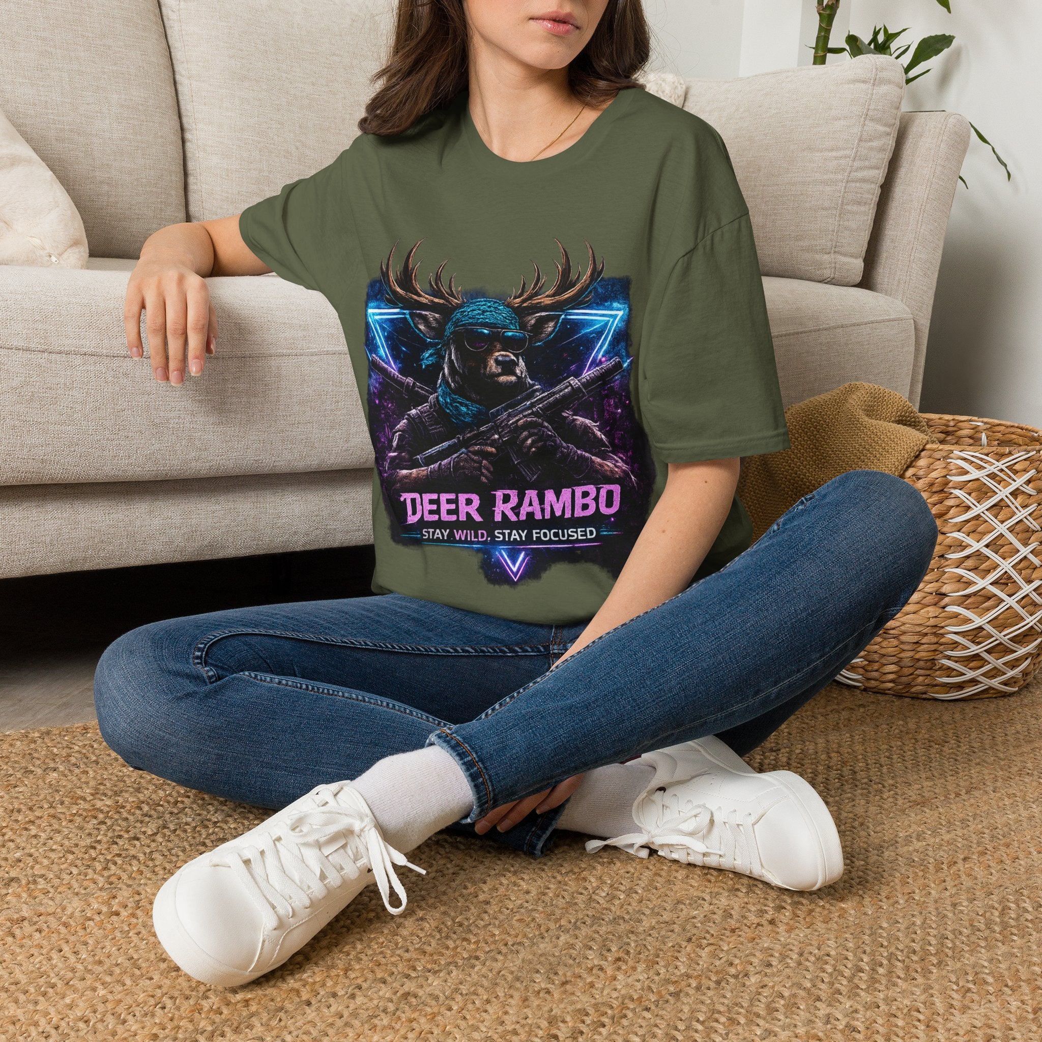 Deer Rambo Graphic T-Shirt — Neon Retro Buck Hunting Tee