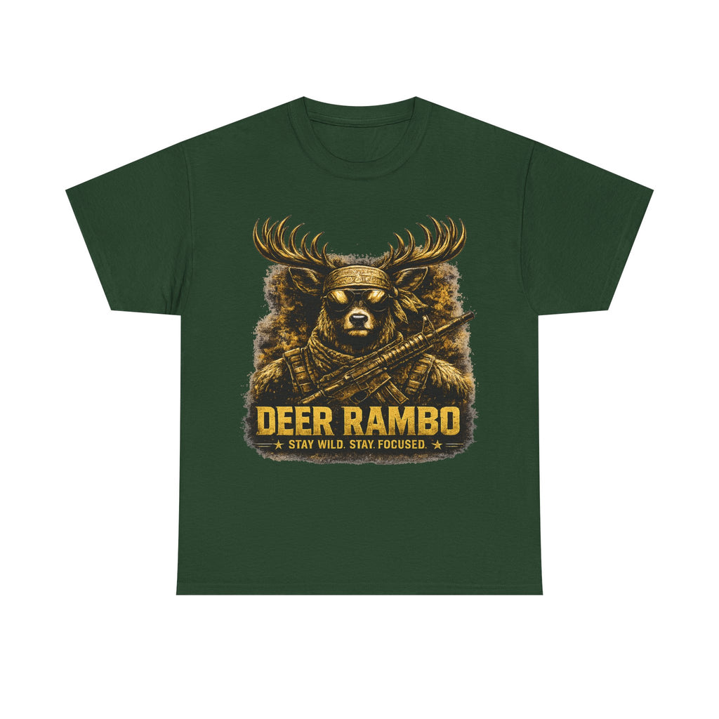 Deer Rambo Tee — 'Stay Wild, Stay Focused' Hunting Graphic T-Shirt