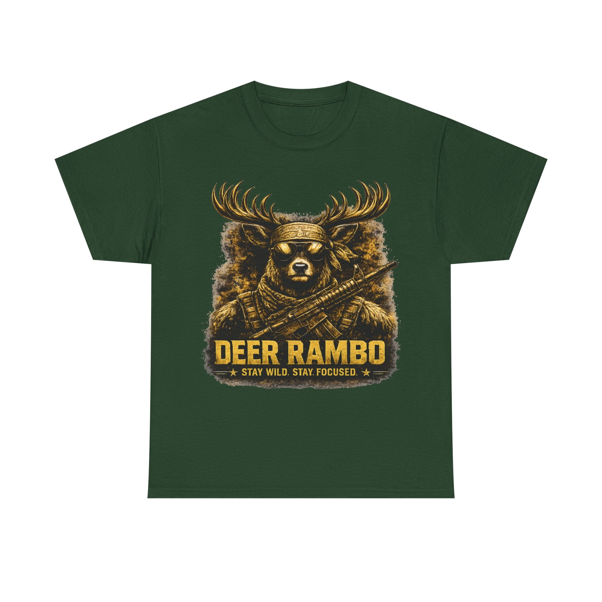 Deer Rambo Tee — 'Stay Wild, Stay Focused' Hunting Graphic T-Shirt