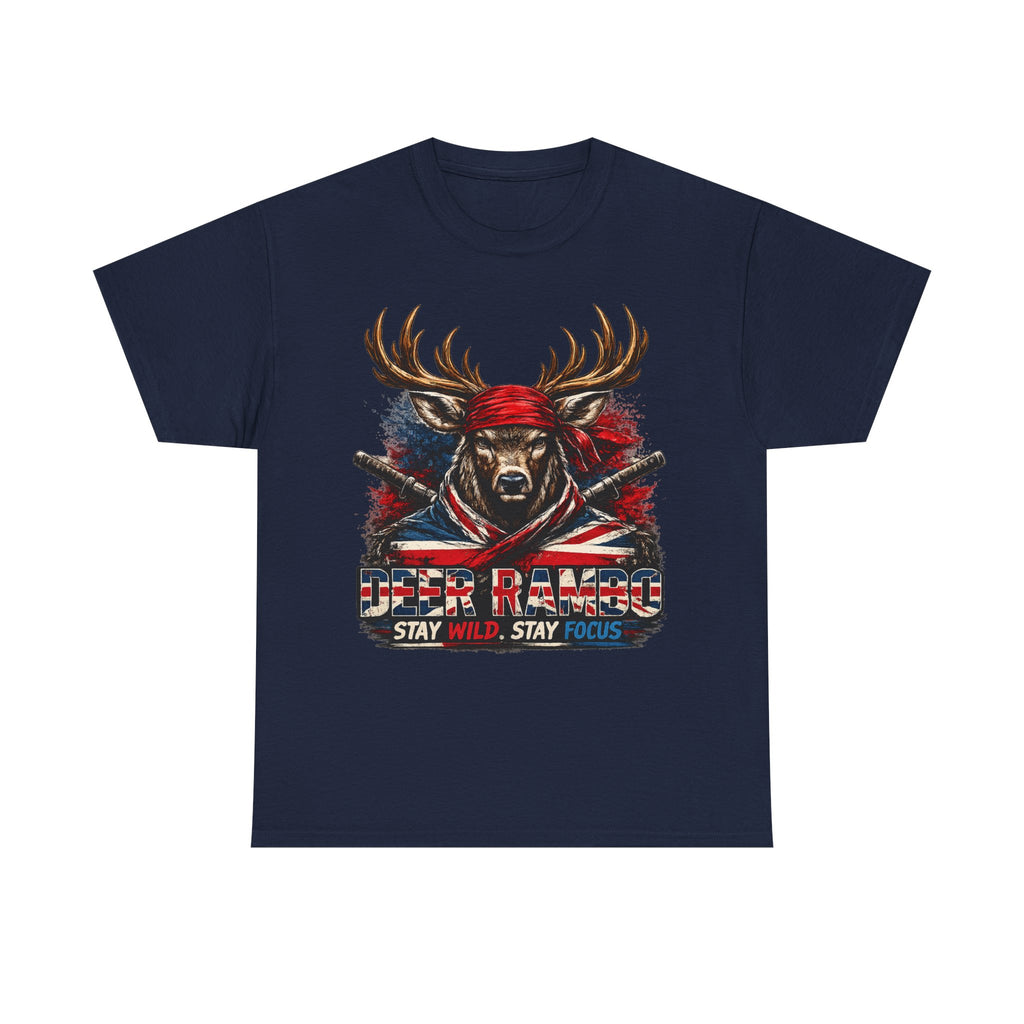Deer Rambo Patriotic T‑Shirt — "Stay Wild, Stay Focus" Hunting Tee