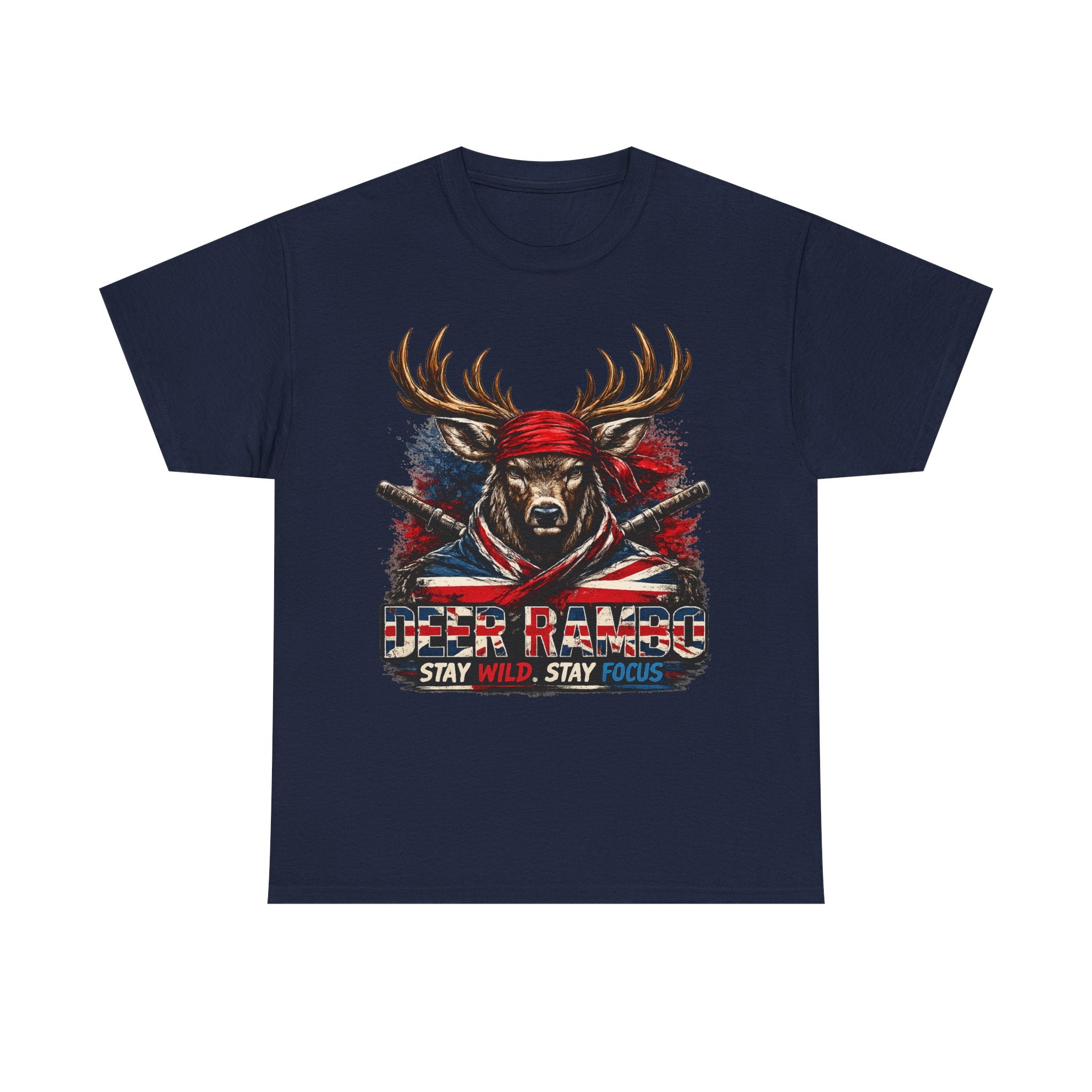 Deer Rambo Patriotic T‑Shirt — "Stay Wild, Stay Focus" Hunting Tee
