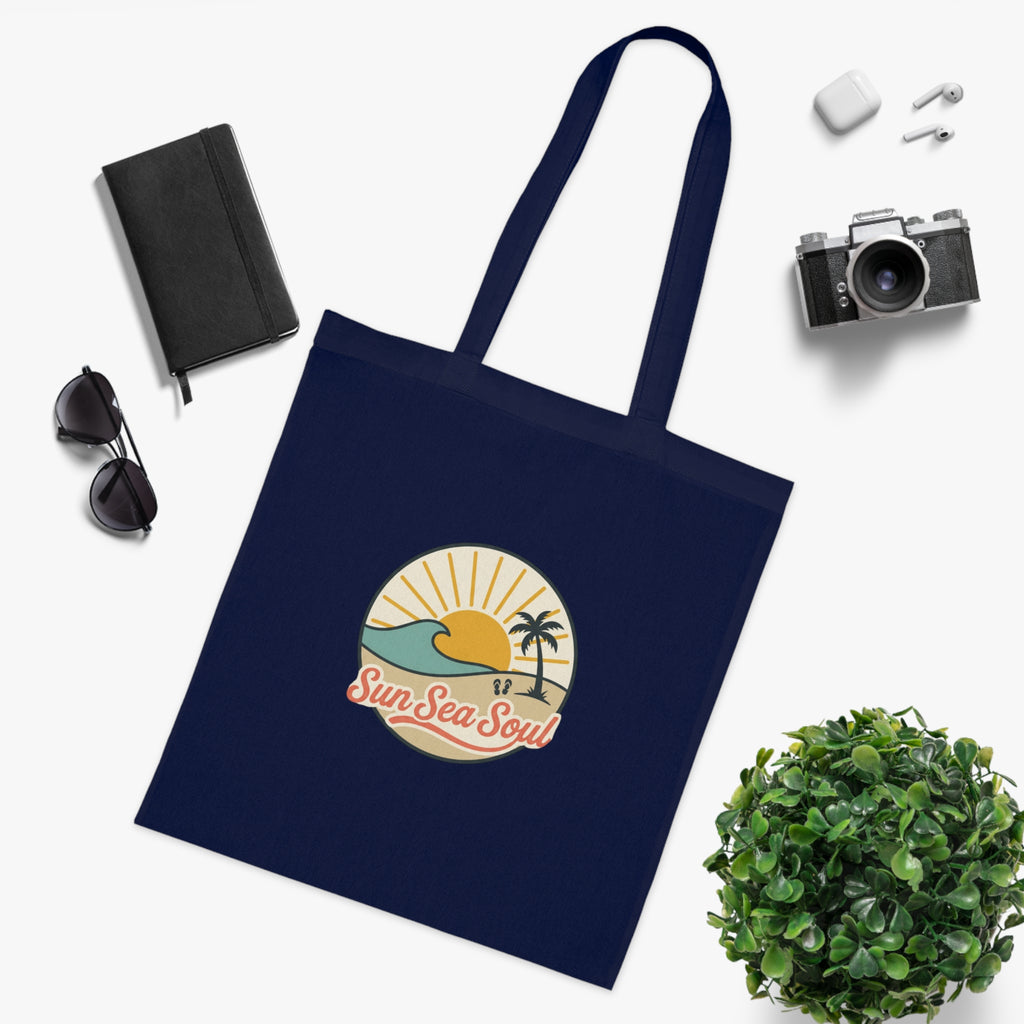 Sun Sea Soul Cotton Tote — Retro Beach Sunrise Tote Bag