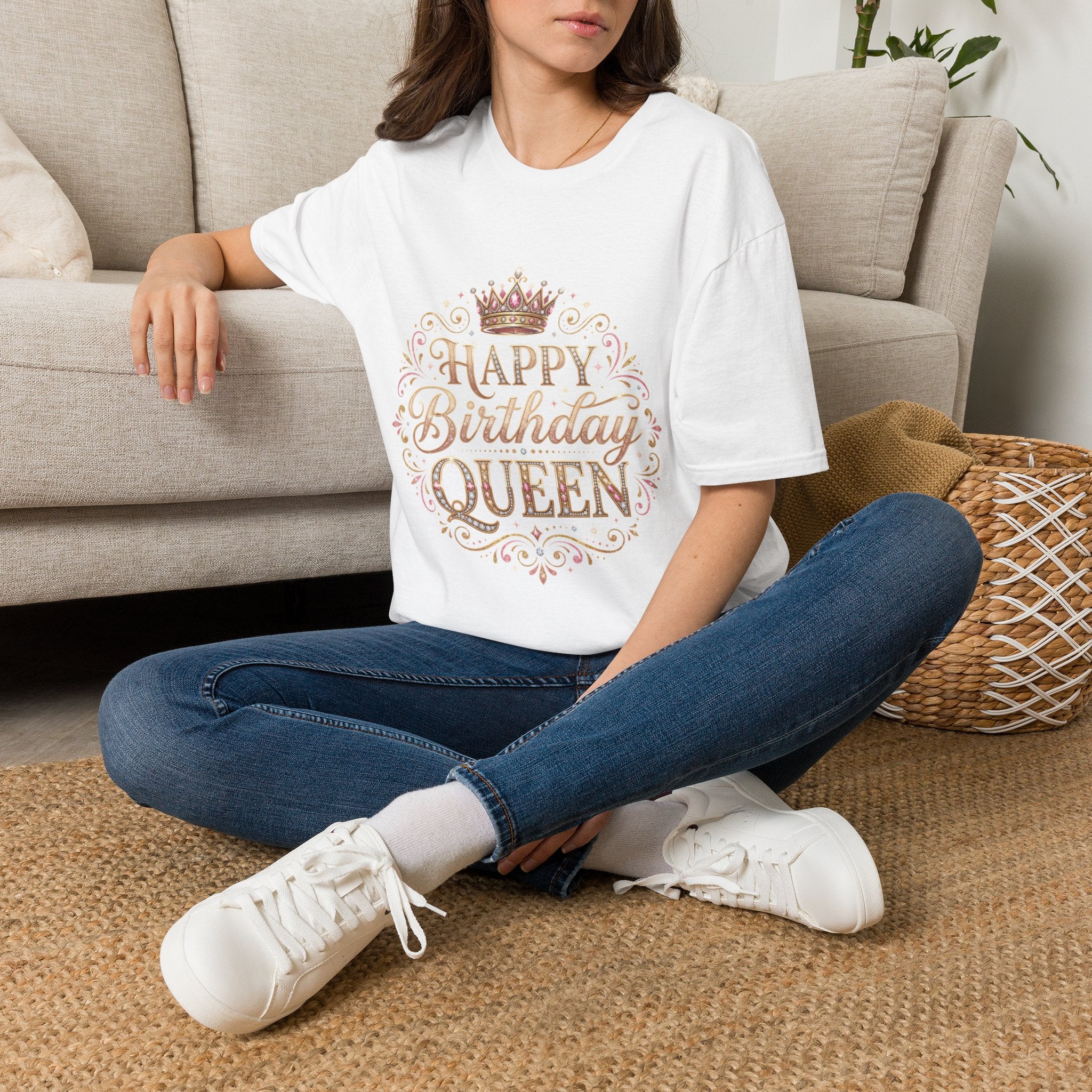 Happy Birthday Queen T-Shirt — Decorative Crown Birthday Tee for Women