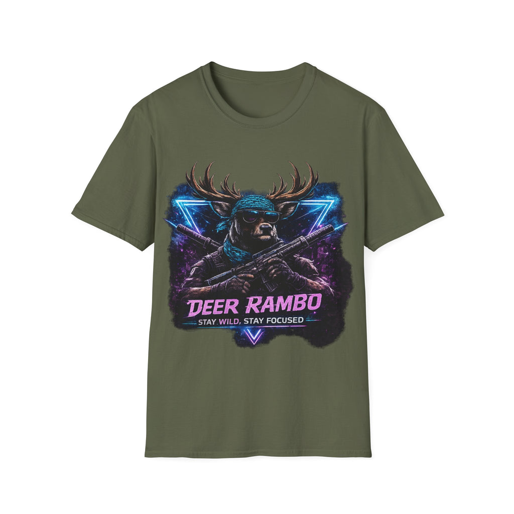 Deer Rambo Graphic T-Shirt — Neon Retro Buck Hunting Tee
