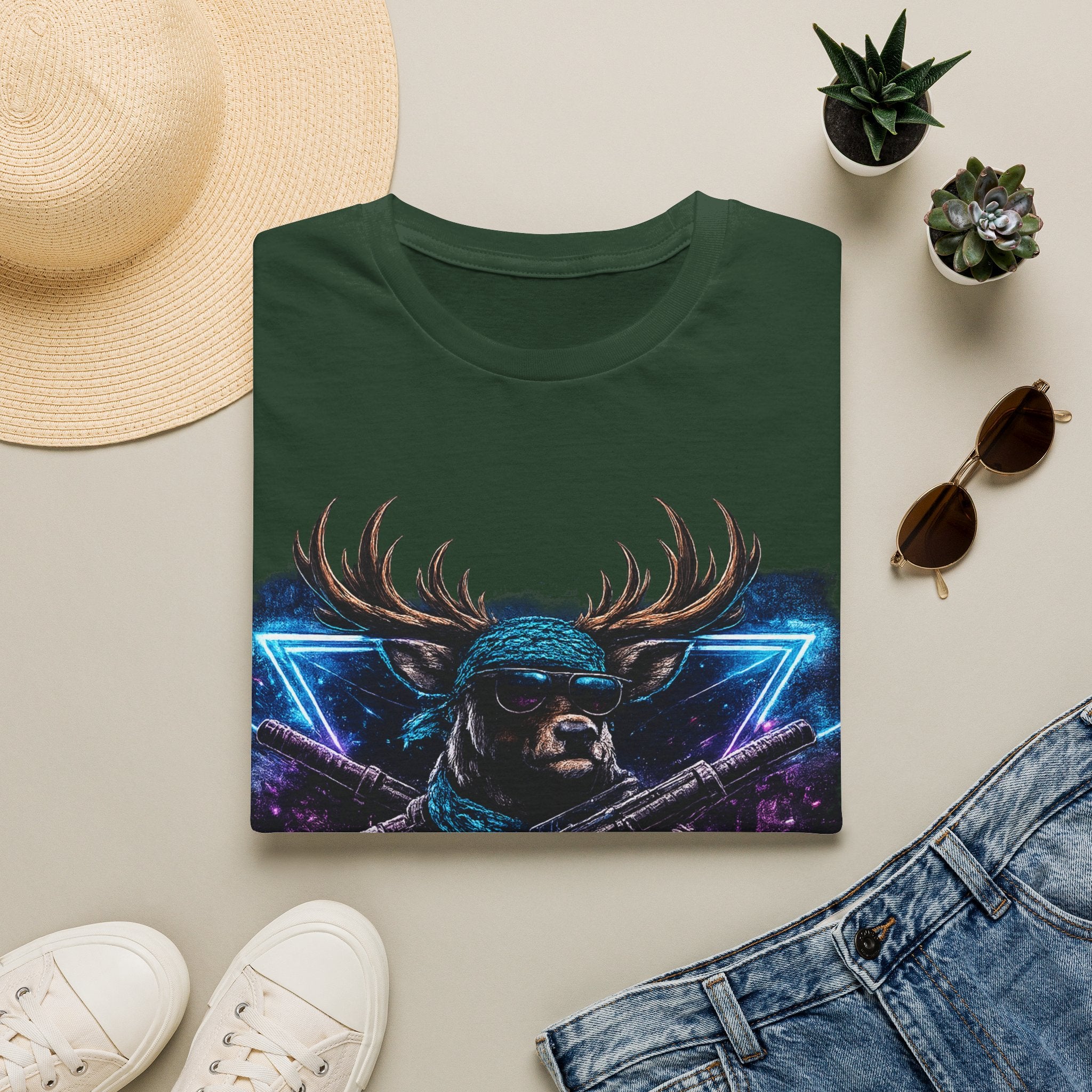 Deer Rambo Graphic T-Shirt — Neon Retro Buck Hunting Tee