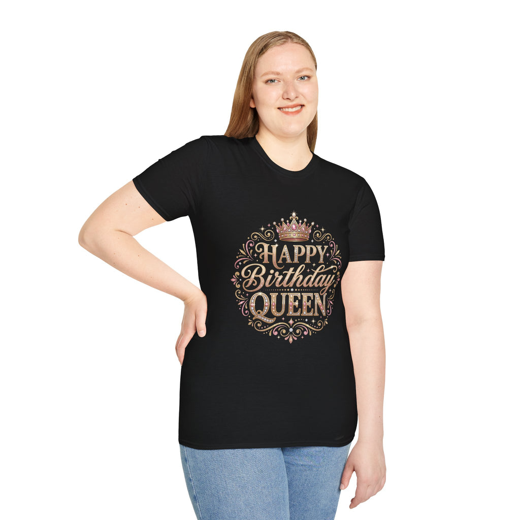 Happy Birthday Queen T-Shirt — Decorative Crown Birthday Tee for Women