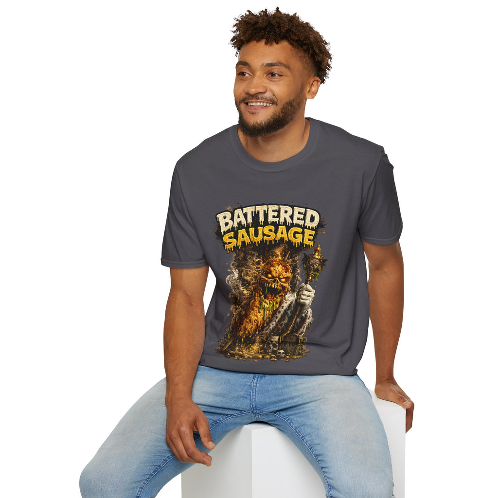 Battered Sausage Graphic T‑Shirt — Flaming Horror Band Tee