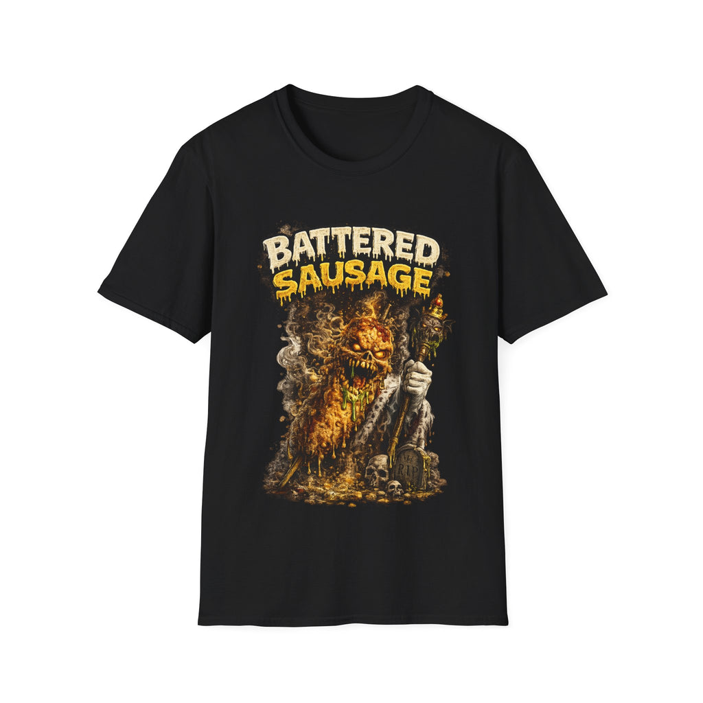 Battered Sausage Graphic T‑Shirt — Flaming Horror Band Tee
