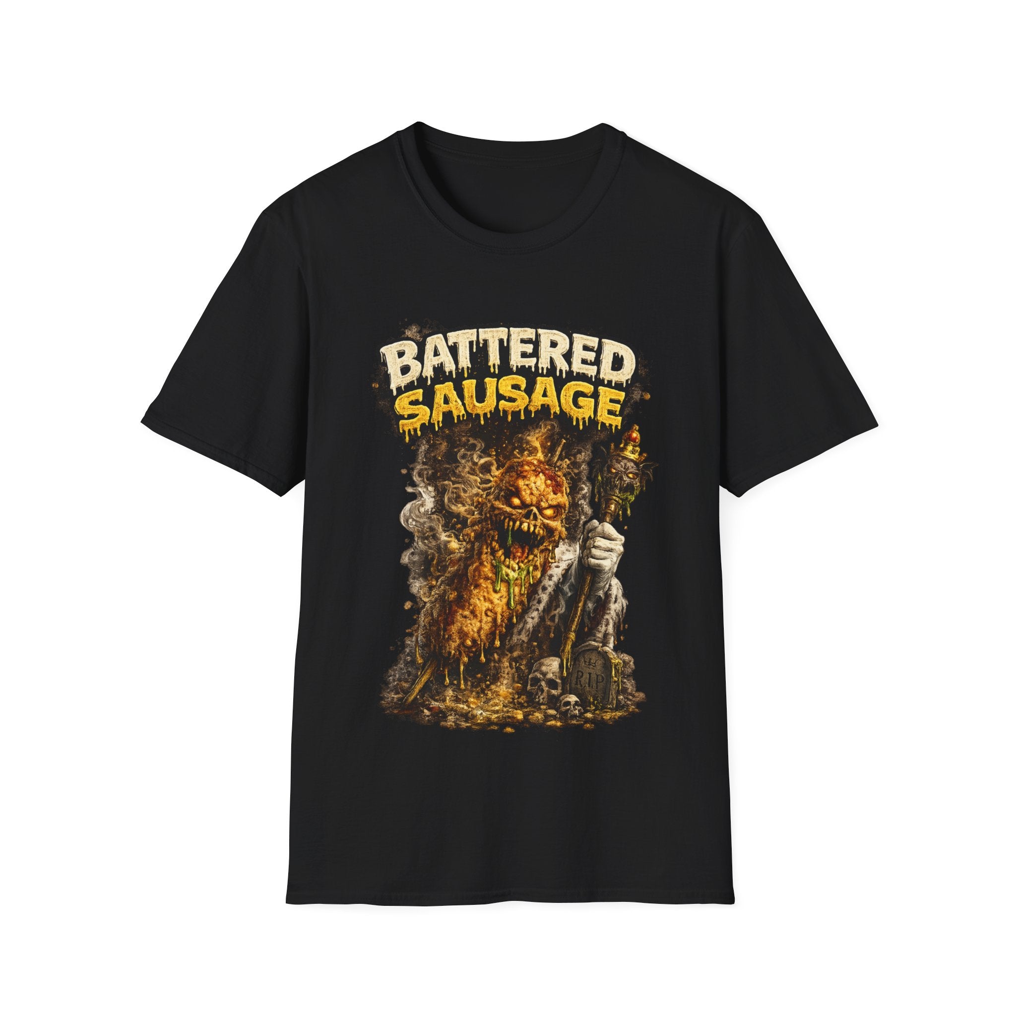 Battered Sausage Graphic T‑Shirt — Flaming Horror Band Tee