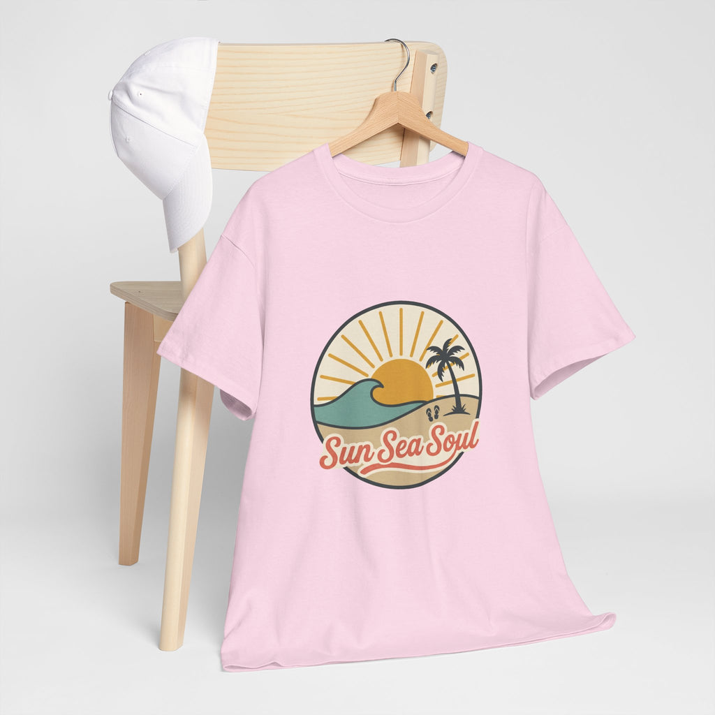 Sun Sea Soul Beach T-Shirt — Retro Sunset Palm Tee