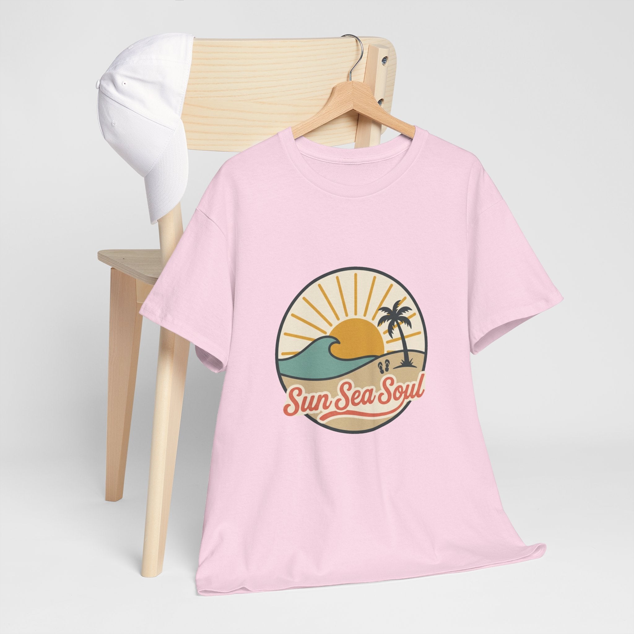 Sun Sea Soul Beach T-Shirt — Retro Sunset Palm Tee