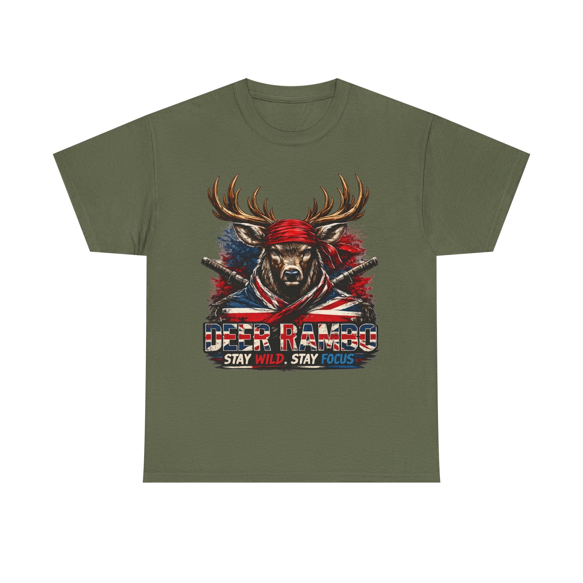 Deer Rambo Patriotic T‑Shirt — "Stay Wild, Stay Focus" Hunting Tee