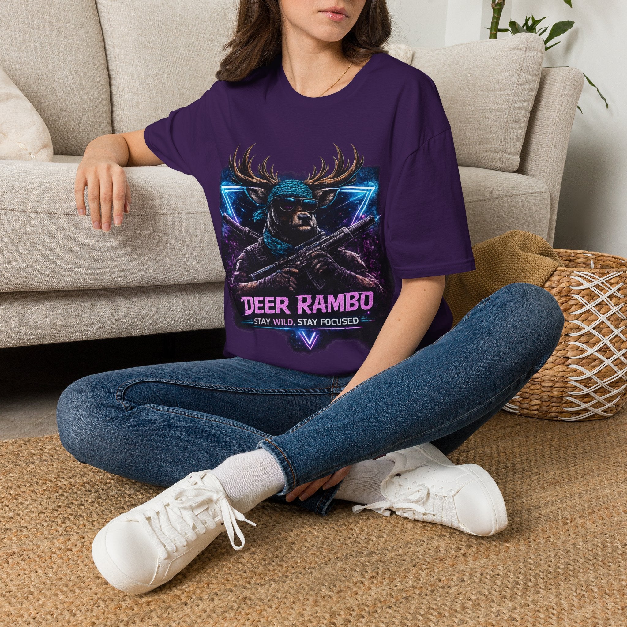 Deer Rambo Graphic T-Shirt — Neon Retro Buck Hunting Tee